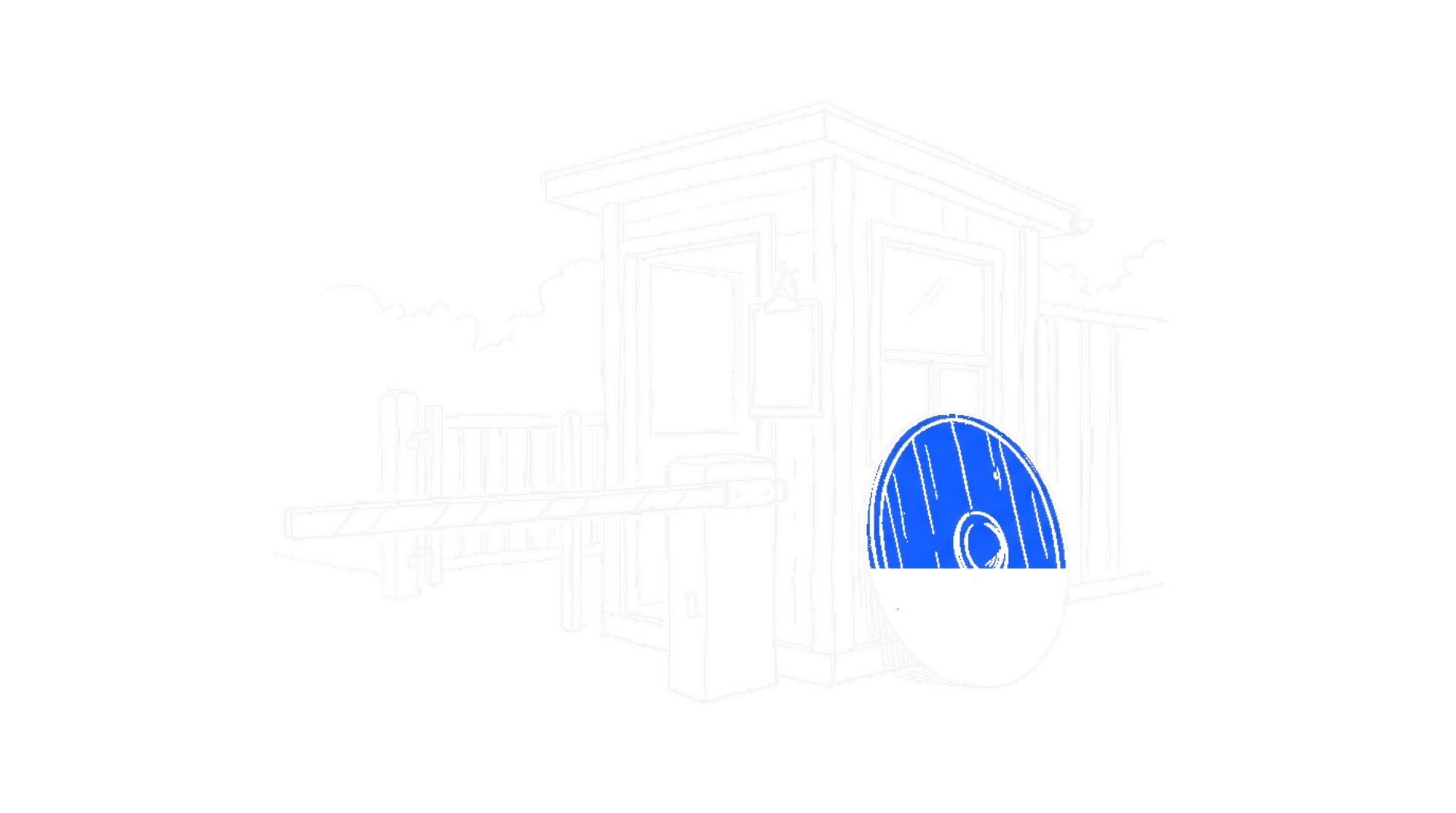 Illustration eines Wachhäuschens mit Schranke und elektroblauem Rundschild, kinewsletter.ch Stil