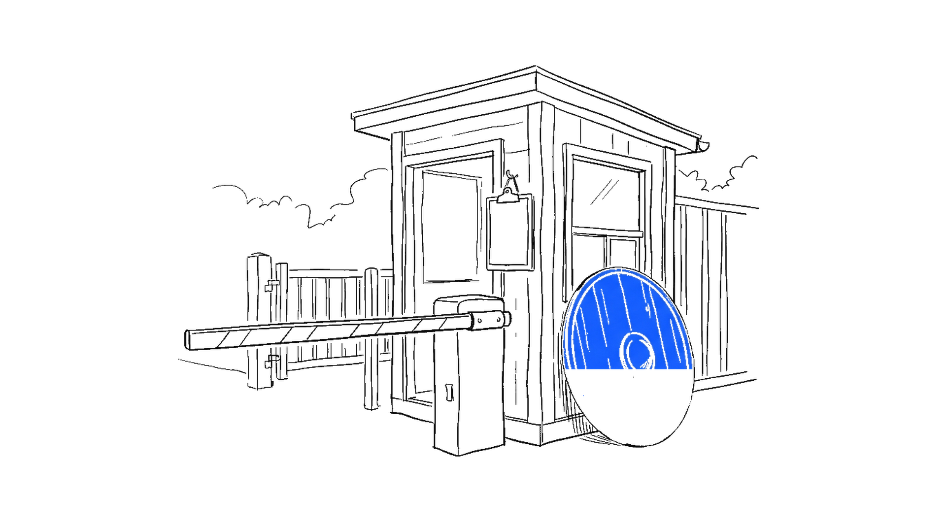 Illustration eines Wachhäuschens mit Schranke und elektroblauem Rundschild, kinewsletter.ch Stil