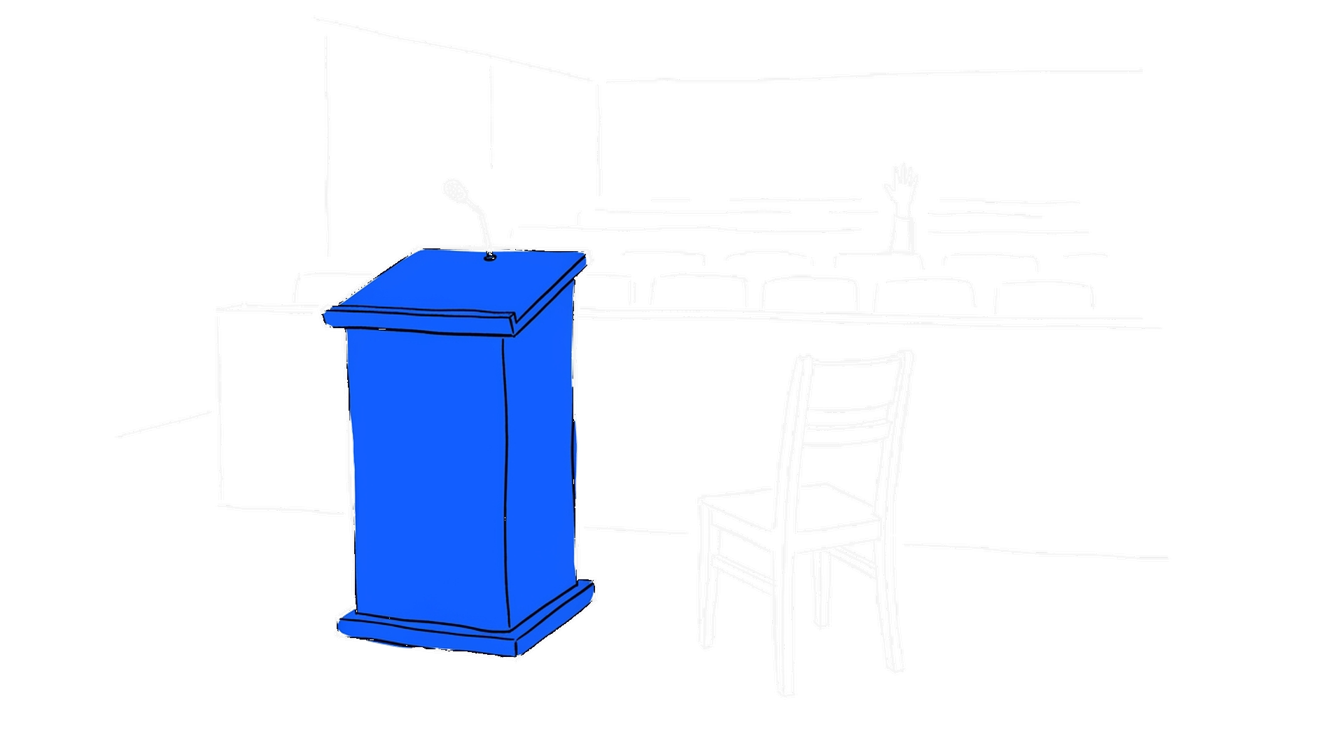Illustration eines Vortragsraums mit leerem Rednerpult, Stuhl und einer erhobenen Hand im Publikum, kinewsletter.ch Stil