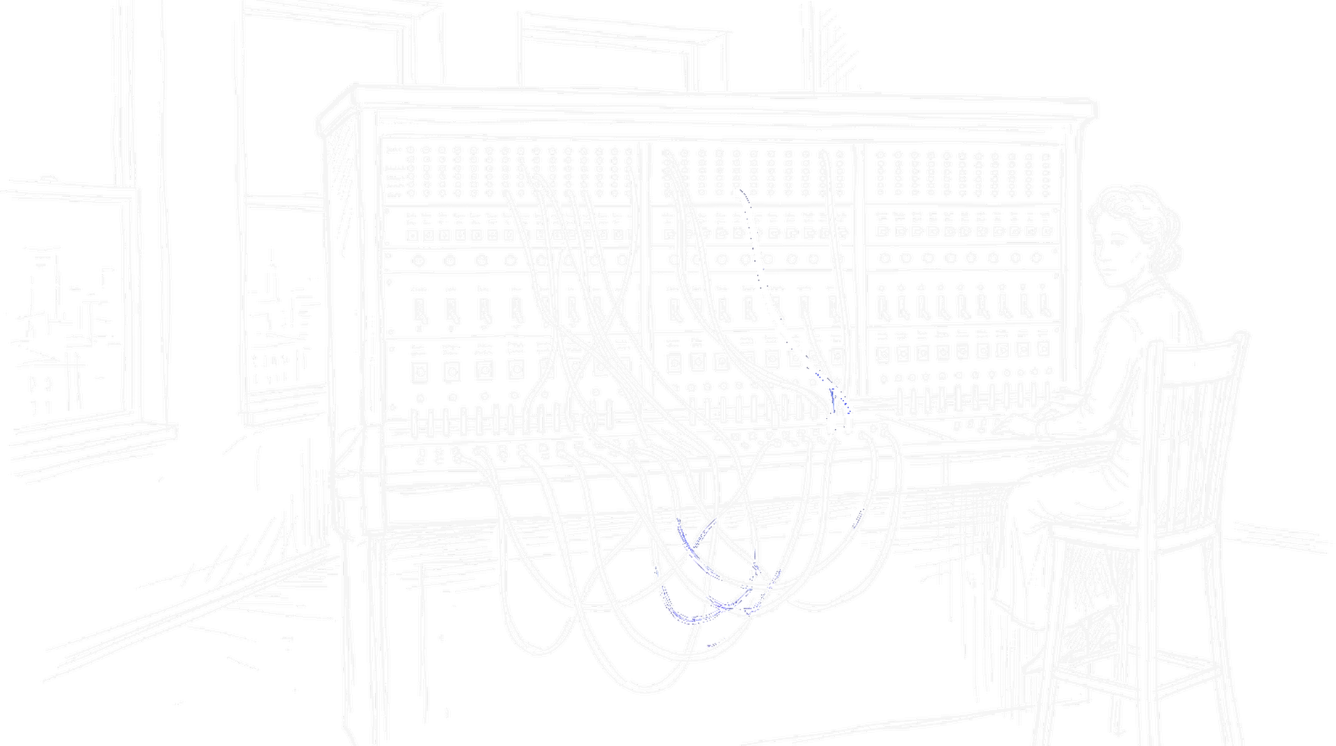 Skizze einer alten Telefonzentrale mit vielen Steckkabeln und Schaltern, ein einzelnes elektroblau hervorgehobenes Kabel, Bedienerstuhl (Dark)