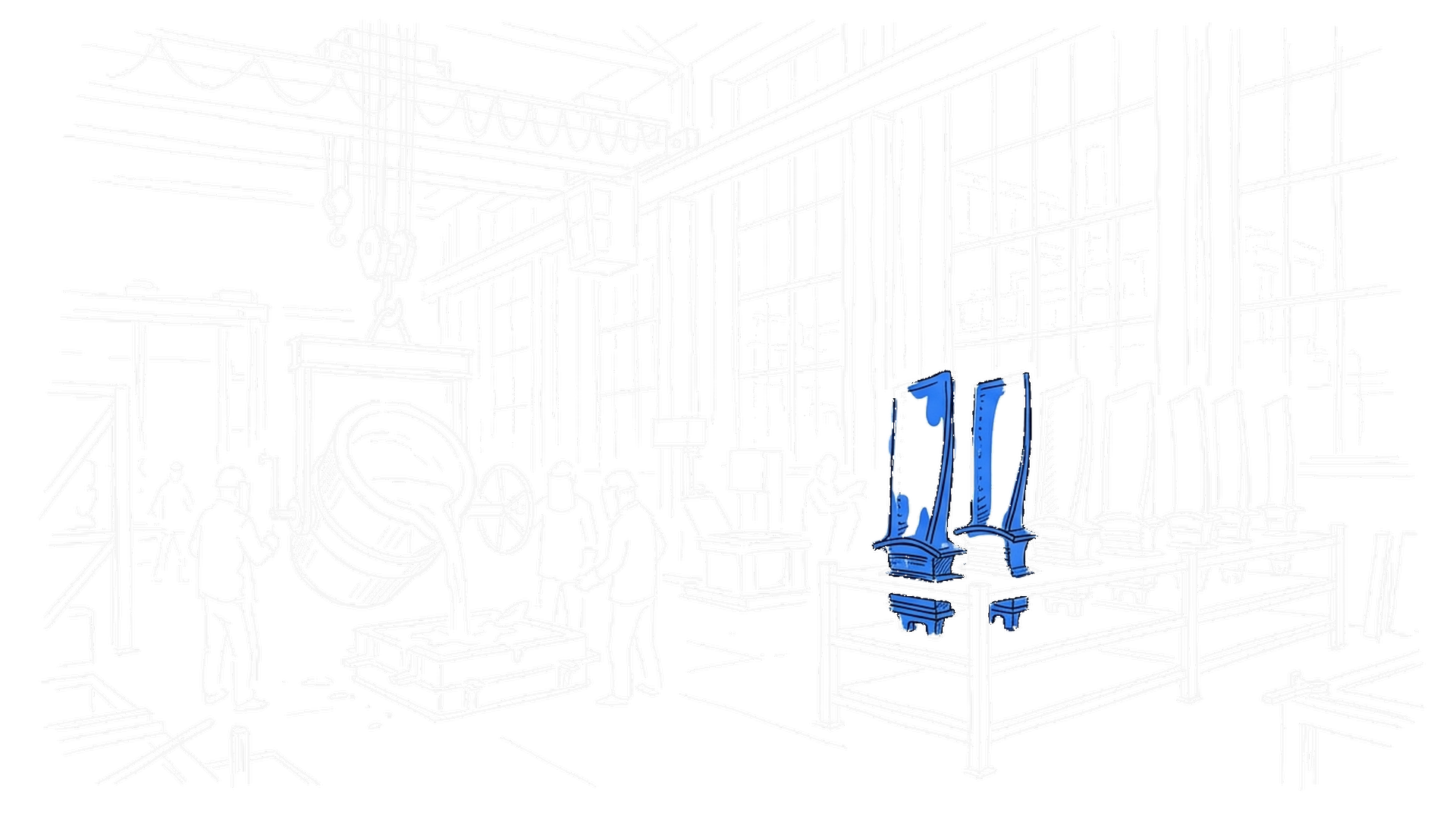 Illustration einer Giesserei mit Schmelztiegel und Gasturbinenschaufeln auf einem Stahlregal, kinewsletter.ch Stil