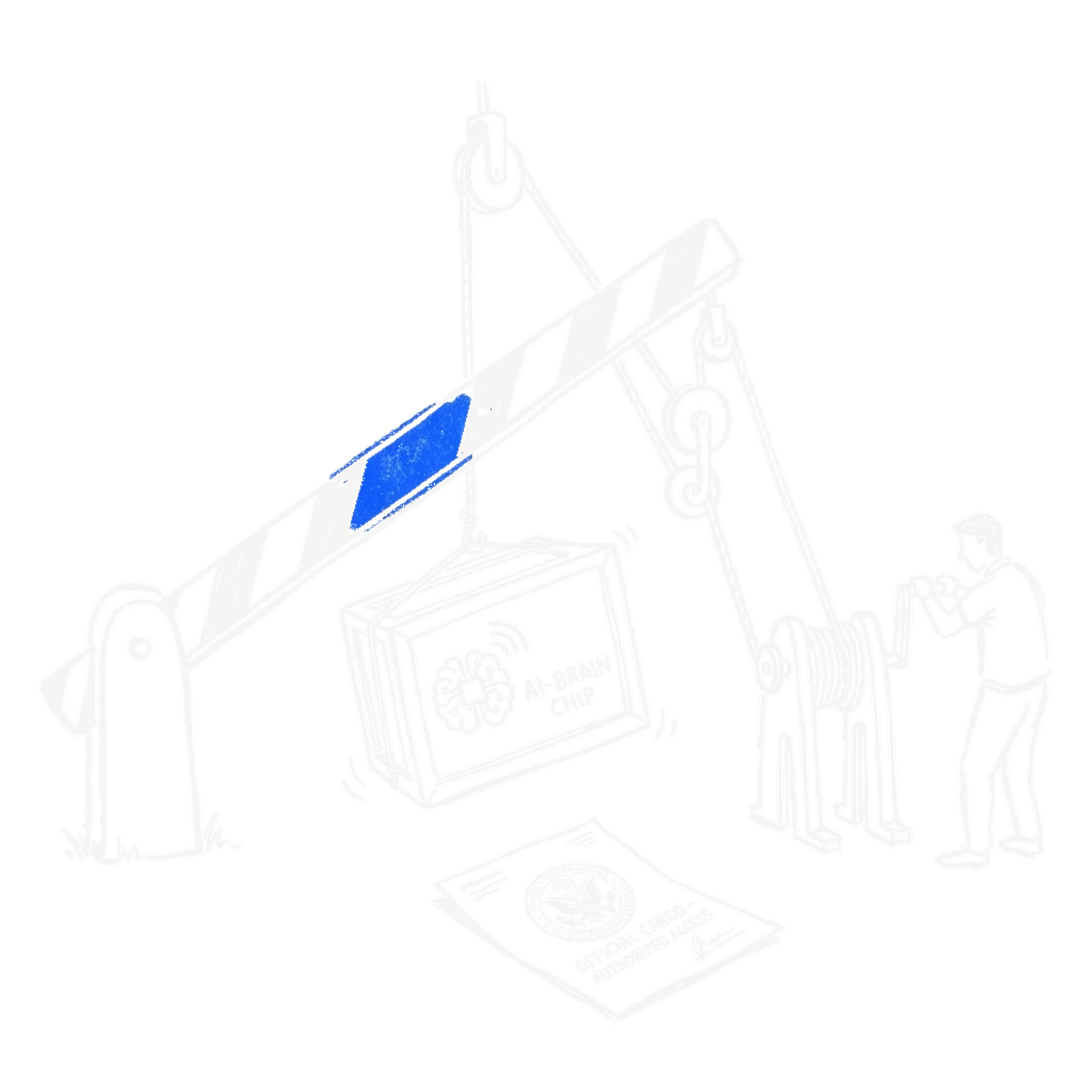 Handgezeichnete Skizze einer sich halb oeffnenden Grenzschranke, durch die eine Kiste mit KI-Chip-Symbol faehrt, daneben ein gestempelter Brief, mit elektroblauem Akzent (Dark Mode)