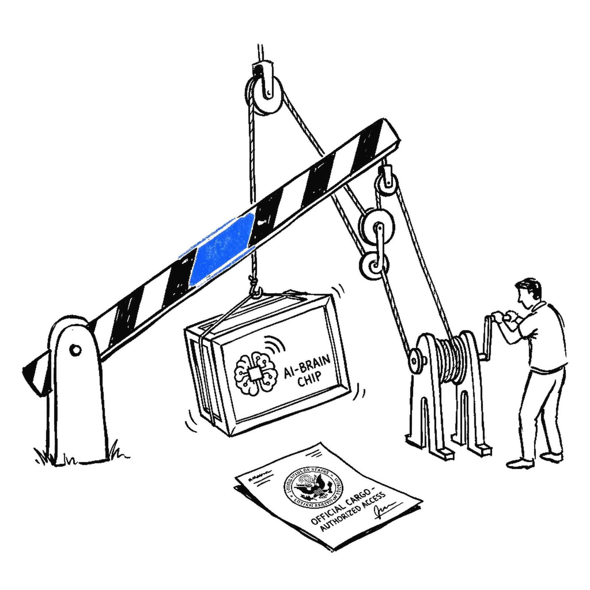 Handgezeichnete Skizze einer sich halb oeffnenden Grenzschranke, durch die eine Kiste mit KI-Chip-Symbol faehrt, daneben ein gestempelter Brief, mit elektroblauem Akzent