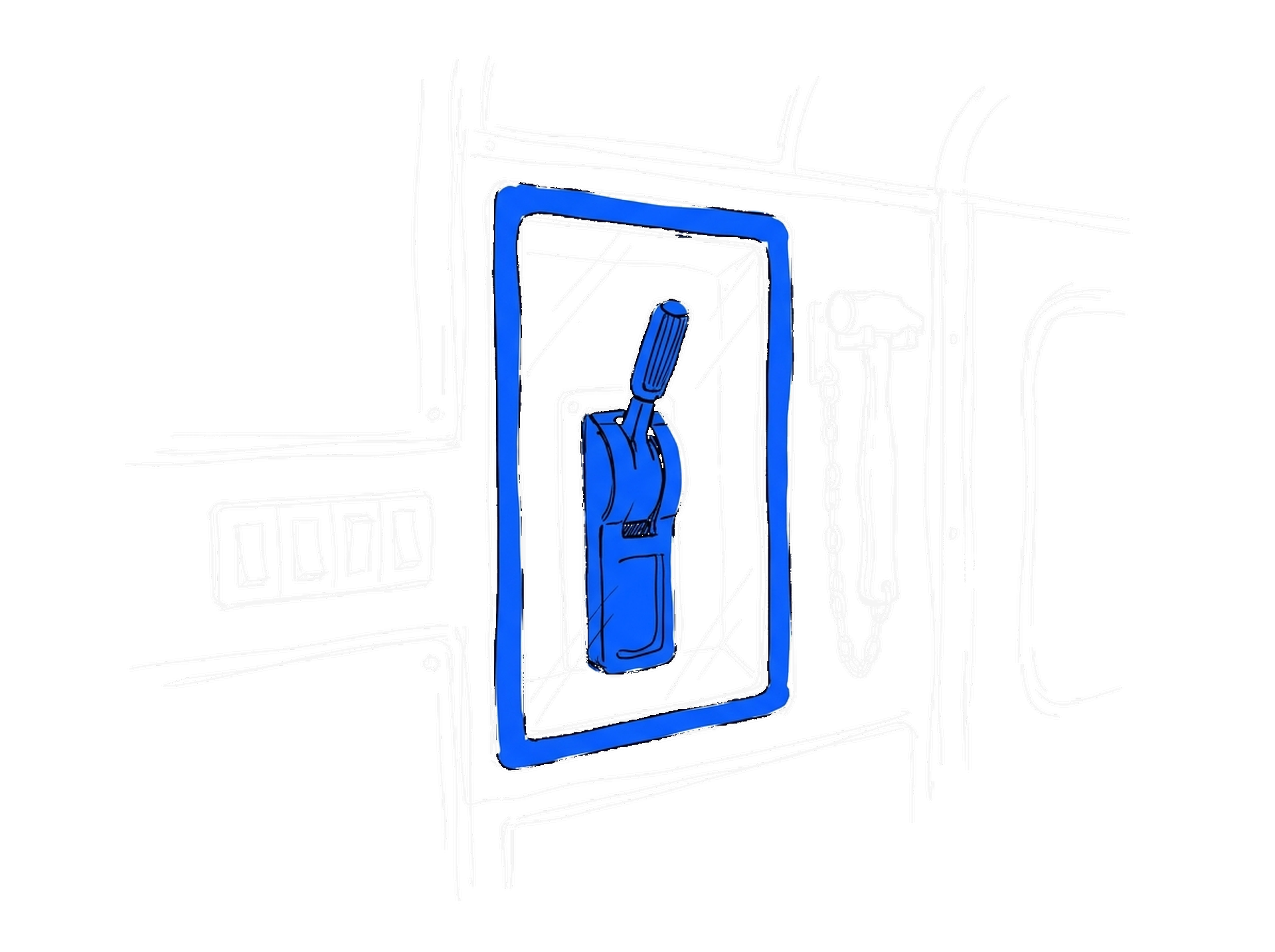 Handgezeichnete Skizze einer Zugwand mit blau gerahmter Notbremse hinter Glas, Hammer an einer Kette und vier Wandschaltern