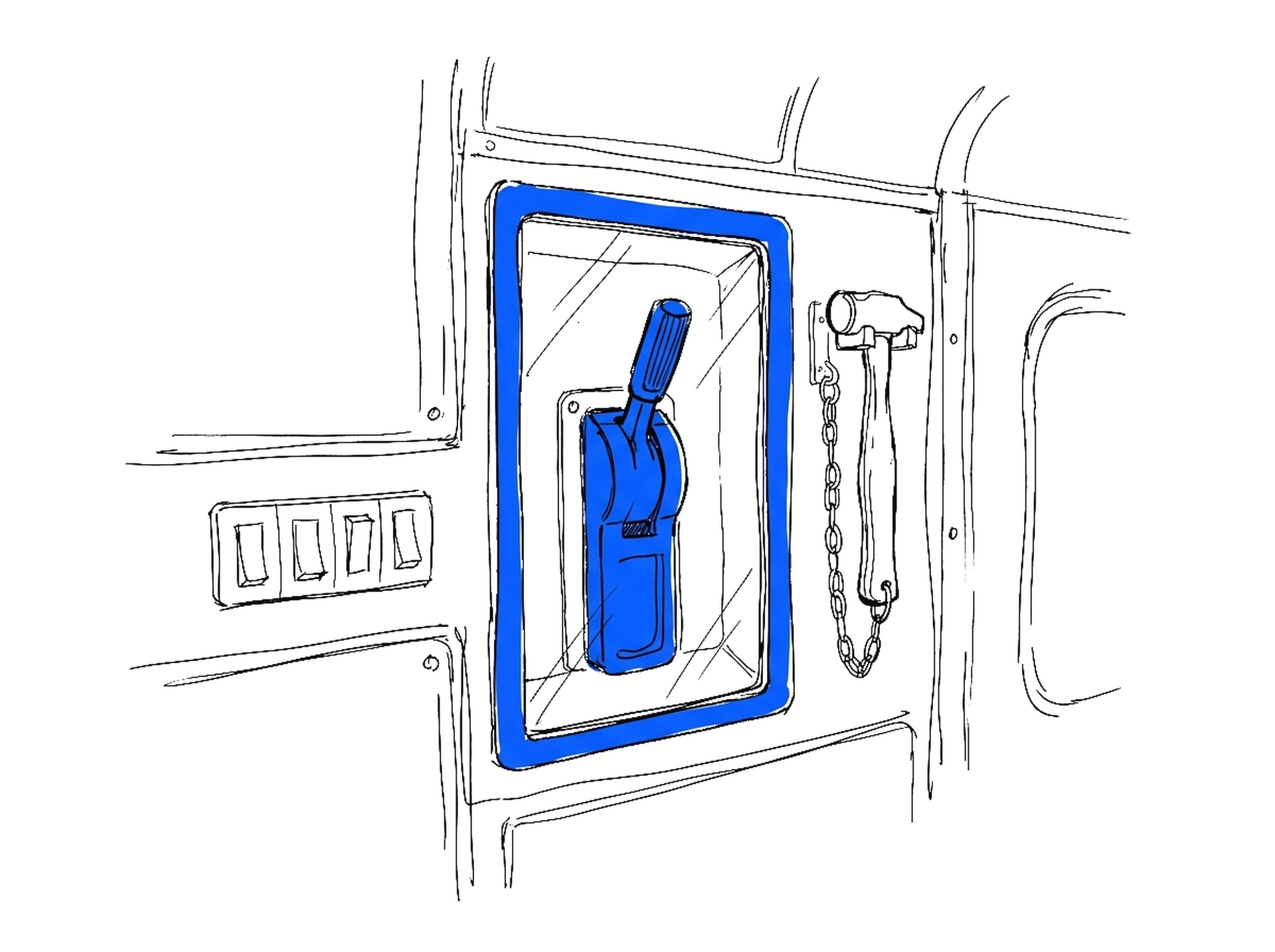 Handgezeichnete Skizze einer Zugwand mit blau gerahmter Notbremse hinter Glas, Hammer an einer Kette und vier Wandschaltern