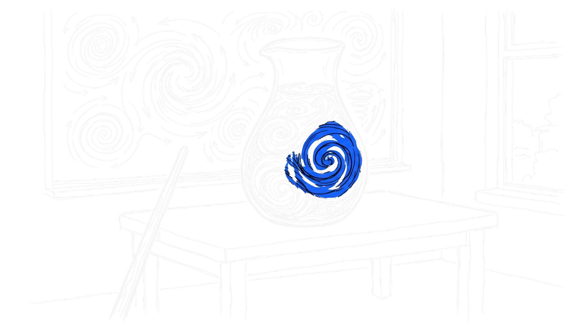 Illustration einer Karaffe mit blauem Wirbel vor einer Wandtafel mit Skizzen, kinewsletter.ch Stil