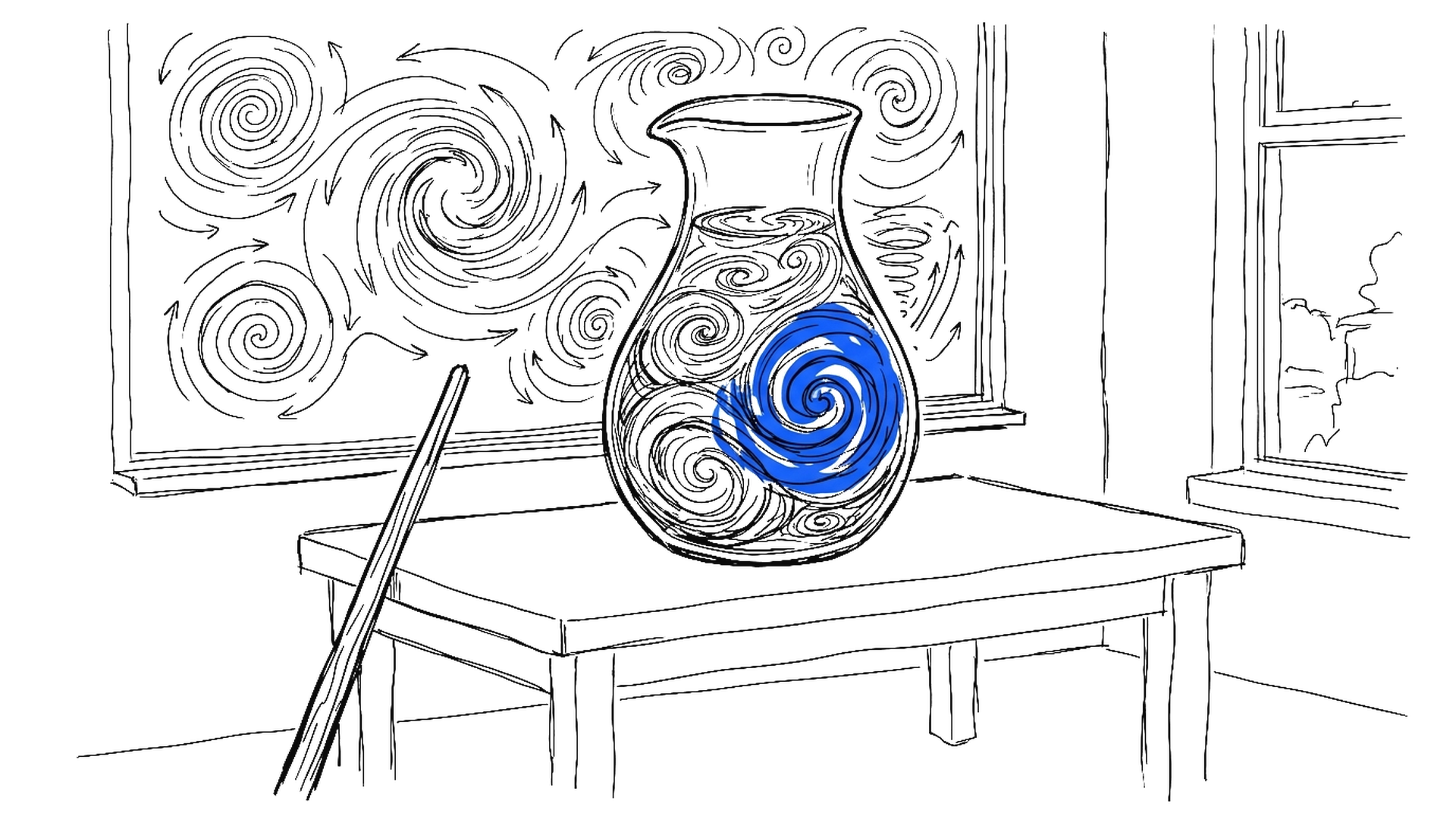 Illustration einer Karaffe mit blauem Wirbel vor einer Wandtafel mit Skizzen, kinewsletter.ch Stil