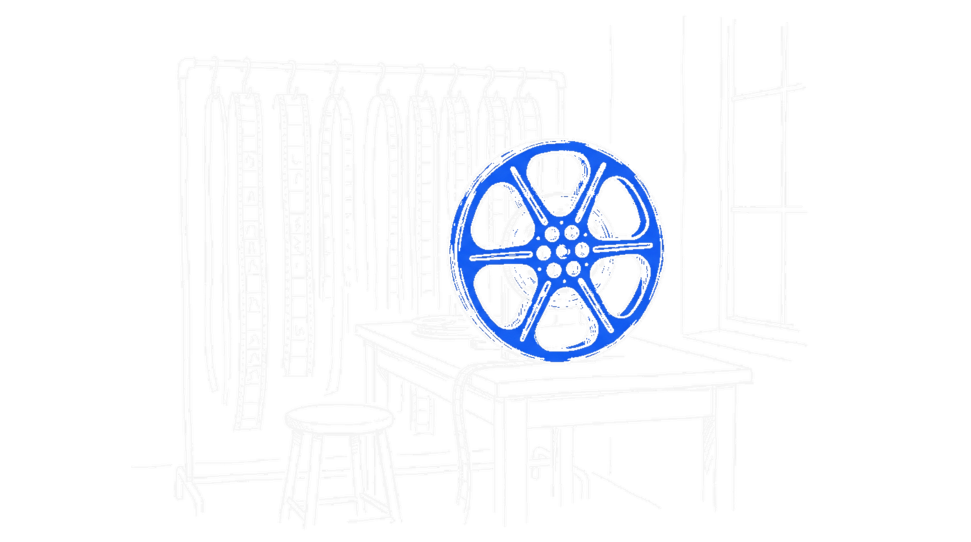 Illustration eines Filmschneideraums mit Zelluloidstreifen und Filmspule, kinewsletter.ch Stil