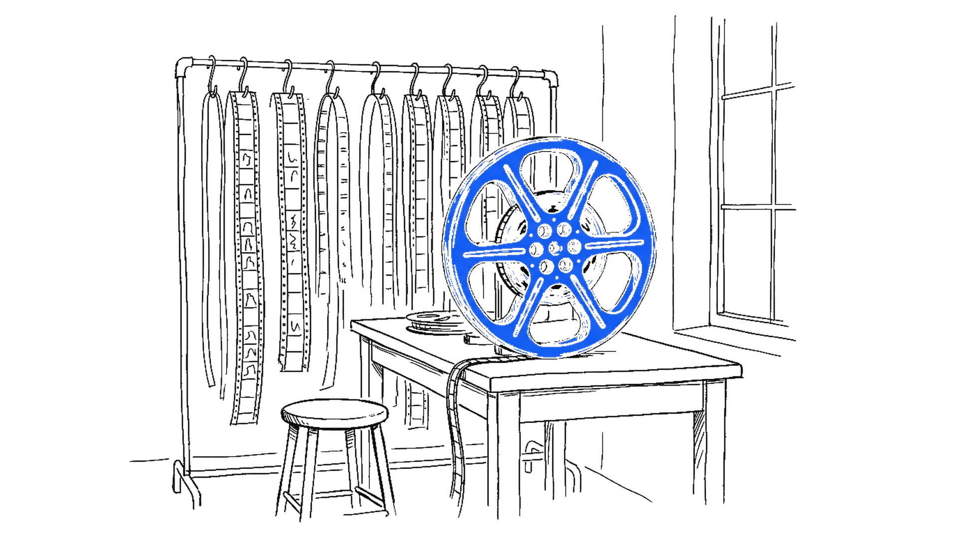 Illustration eines Filmschneideraums mit Zelluloidstreifen und Filmspule, kinewsletter.ch Stil