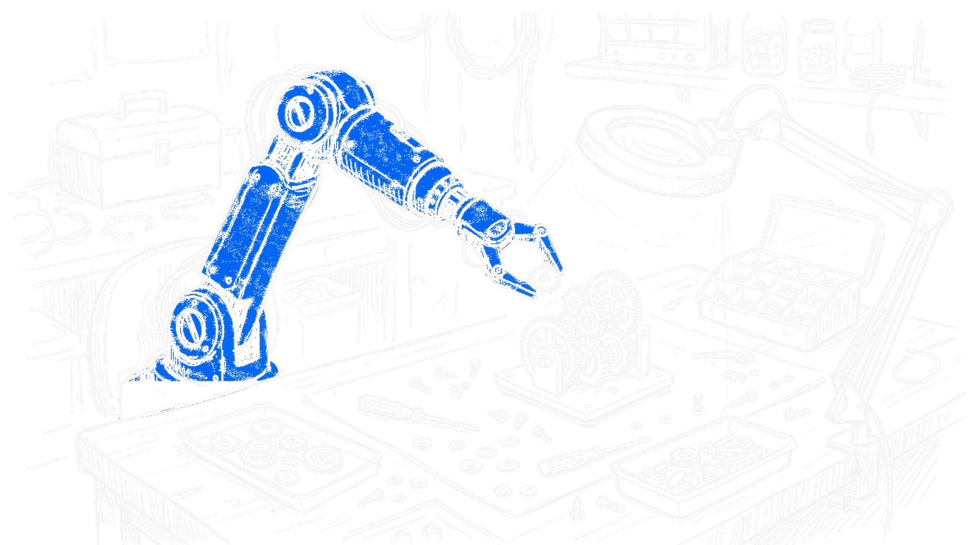 Skizze eines Roboterarms, der Zahnraeder an einer Werkbank montiert, kinewsletter.ch Stil