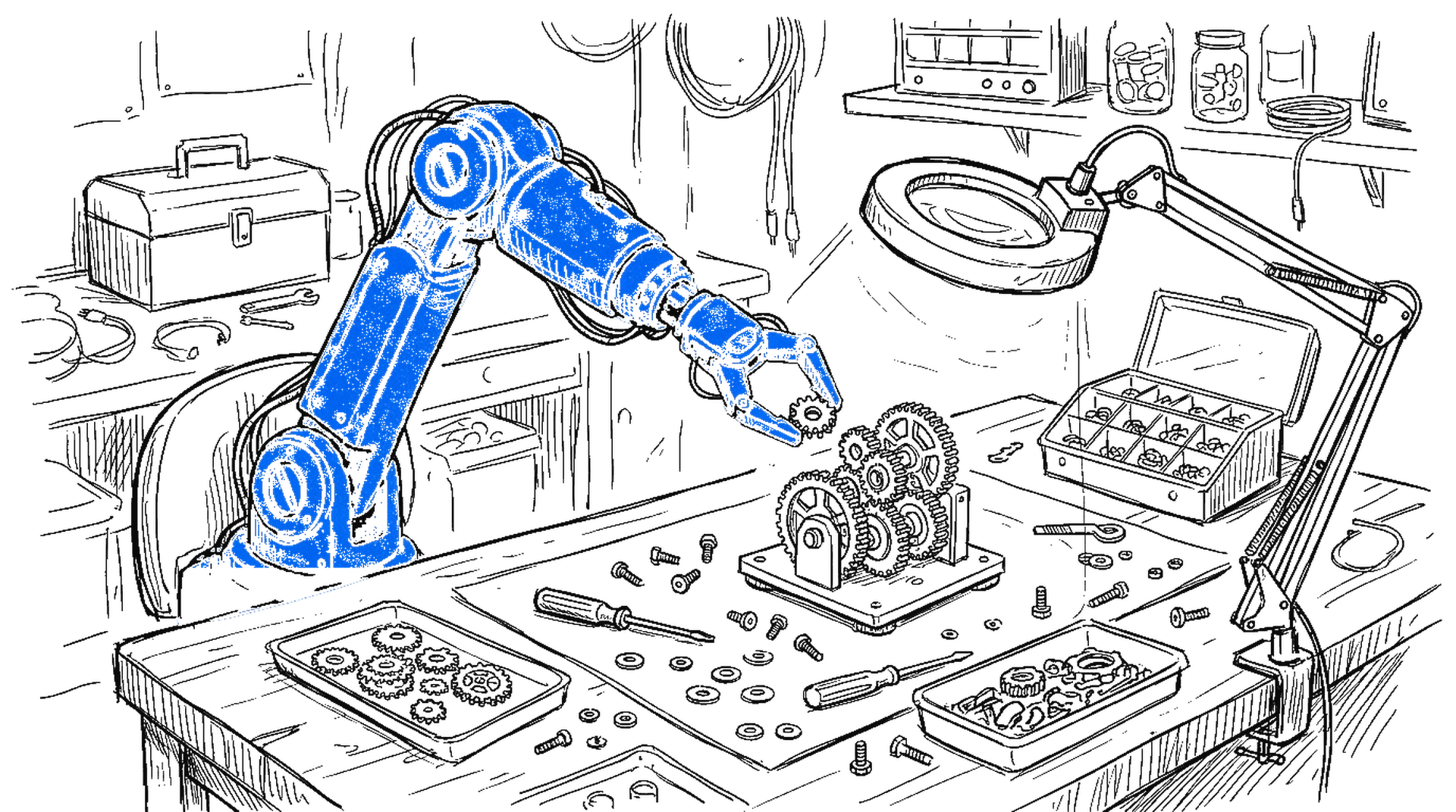 Skizze eines Roboterarms, der Zahnraeder an einer Werkbank montiert, kinewsletter.ch Stil