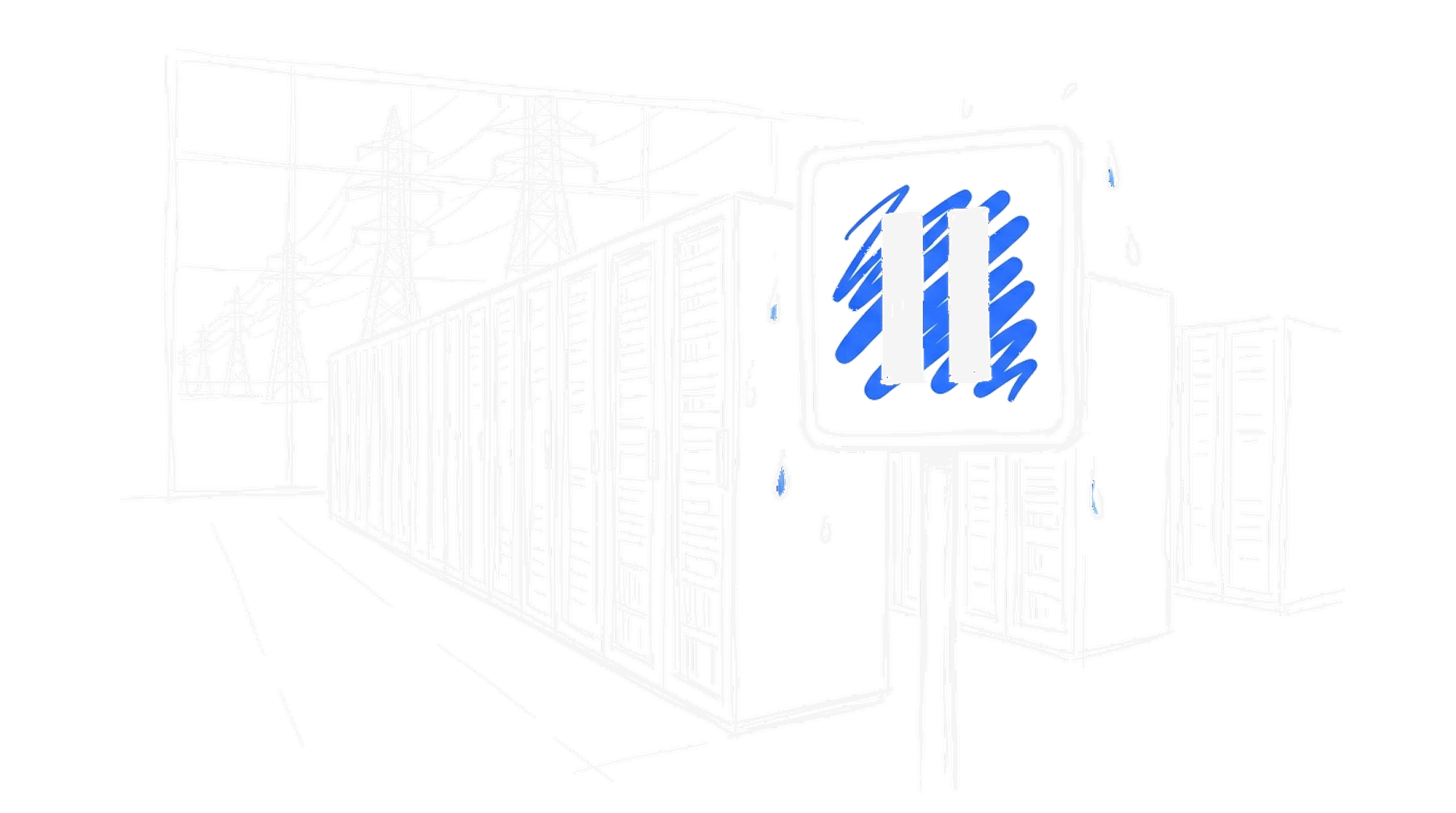 Handgezeichnete Illustration einer Rechenzentrum-Halle mit Pause-Schild, Strommasten und Wassertropfen, kinewsletter.ch Stil