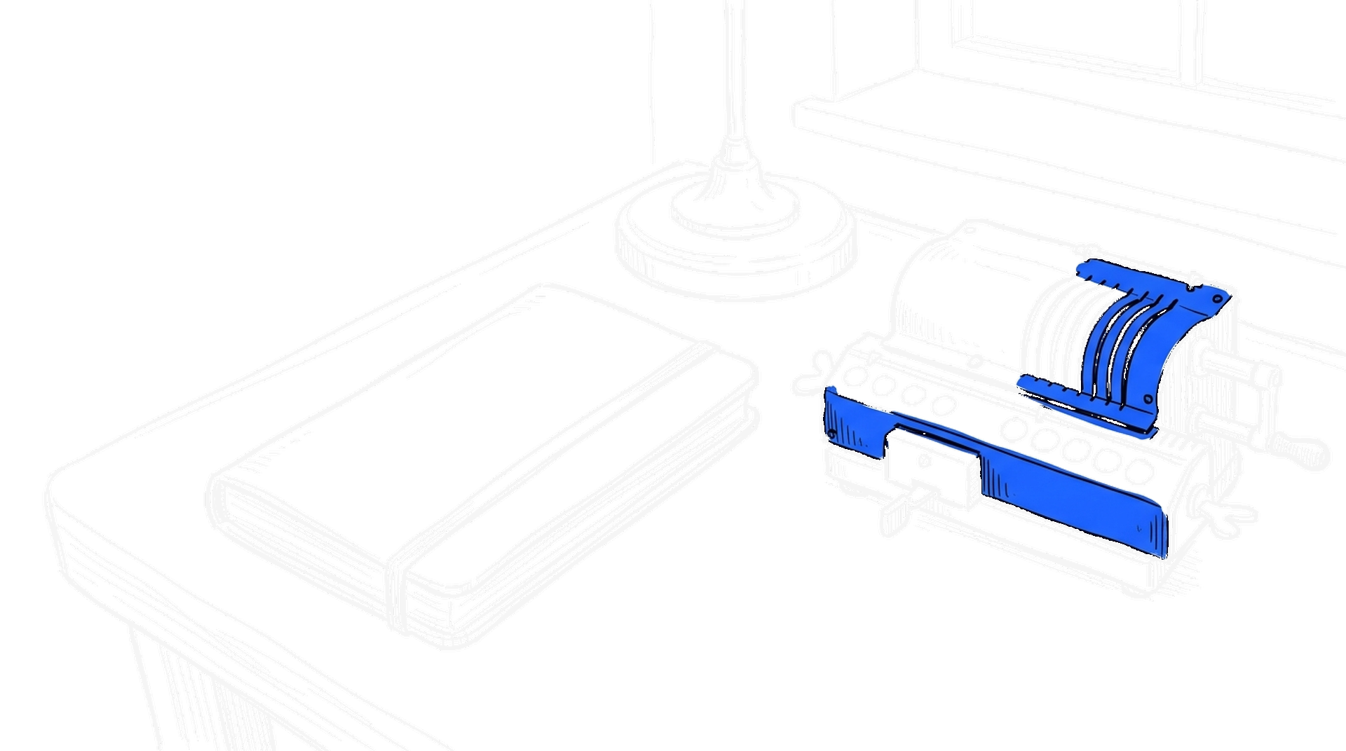 Illustration eines geschlossenen Notizbuchs neben einer mechanischen Rechenmaschine und einer Messing-Schreibtischlampe auf einem Holztisch, kinewsletter.ch Stil