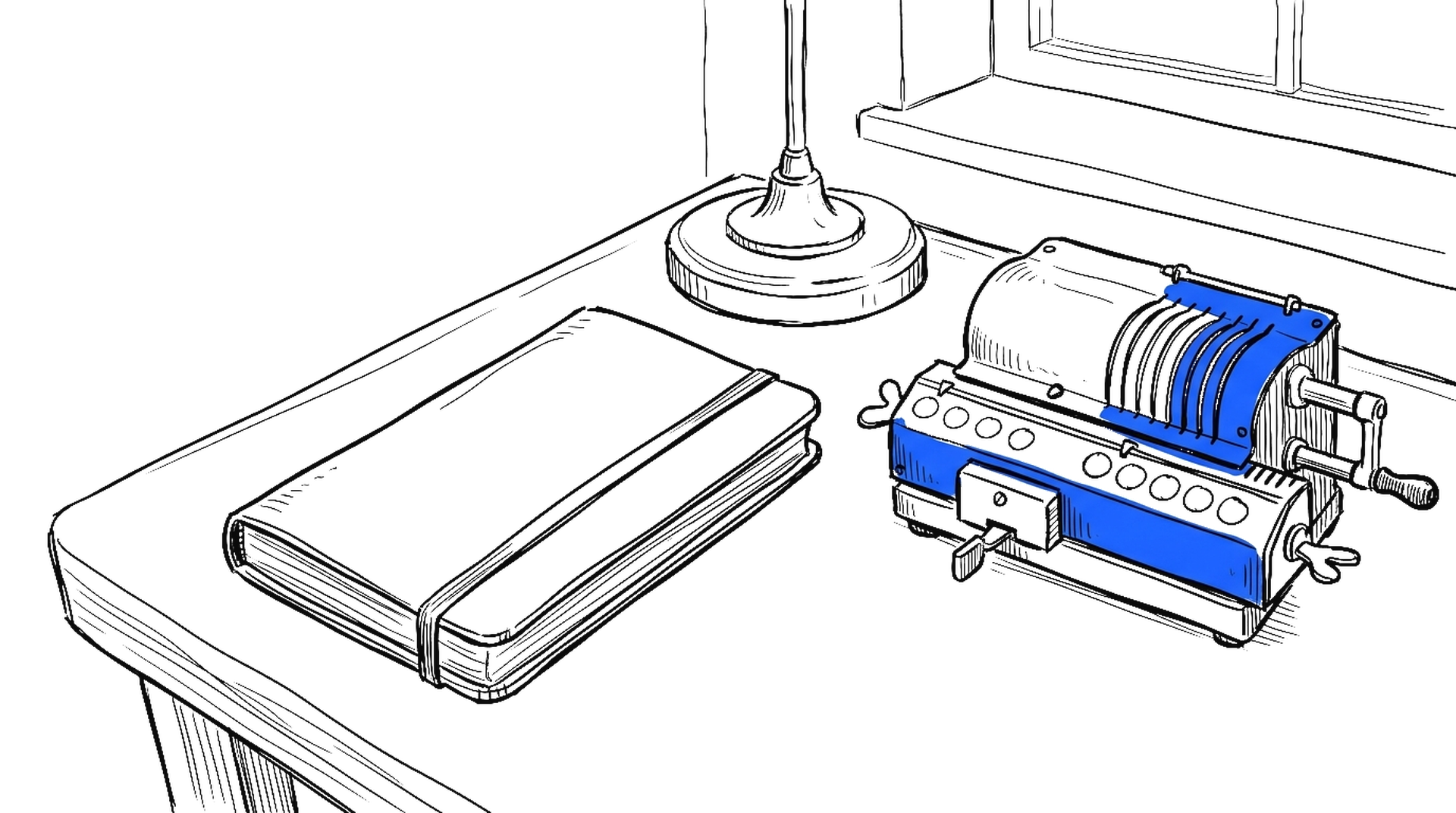 Illustration eines geschlossenen Notizbuchs neben einer mechanischen Rechenmaschine und einer Messing-Schreibtischlampe auf einem Holztisch, kinewsletter.ch Stil