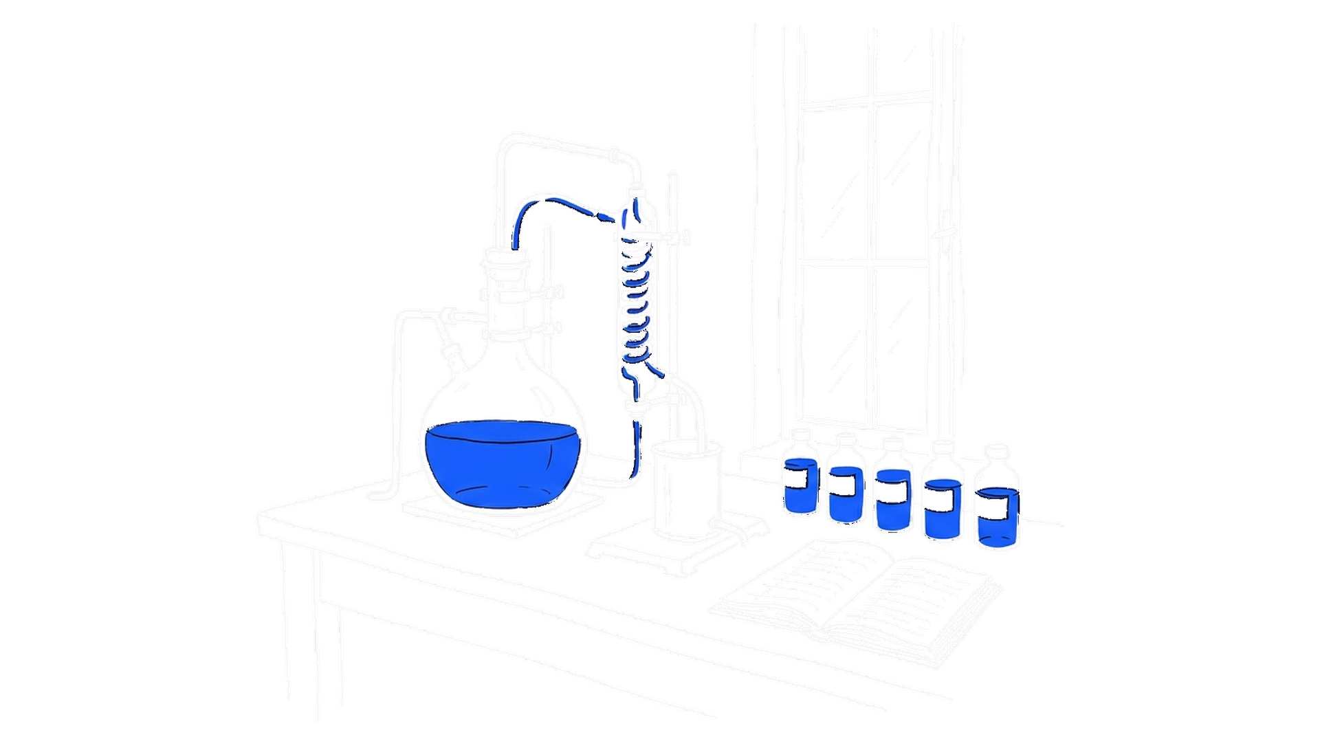 Illustration einer Destillationsapparatur mit Glaskolben und abgefüllten Fläschchen, kinewsletter.ch Stil