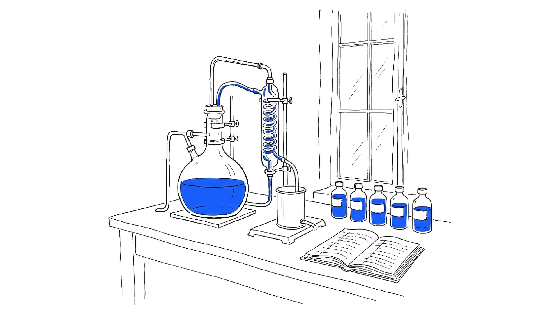 Illustration einer Destillationsapparatur mit Glaskolben und abgefüllten Fläschchen, kinewsletter.ch Stil