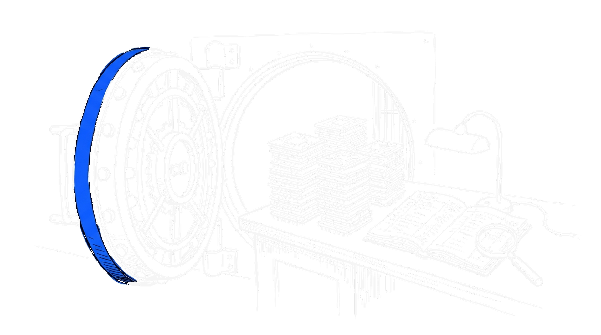 Handgezeichnete Illustration: Geldstrom aus Wall-Street-Türmen fliesst in eine KI-Rechenzentrums-Halle, ein Chip auf einer Waage – kinewsletter.ch Stil