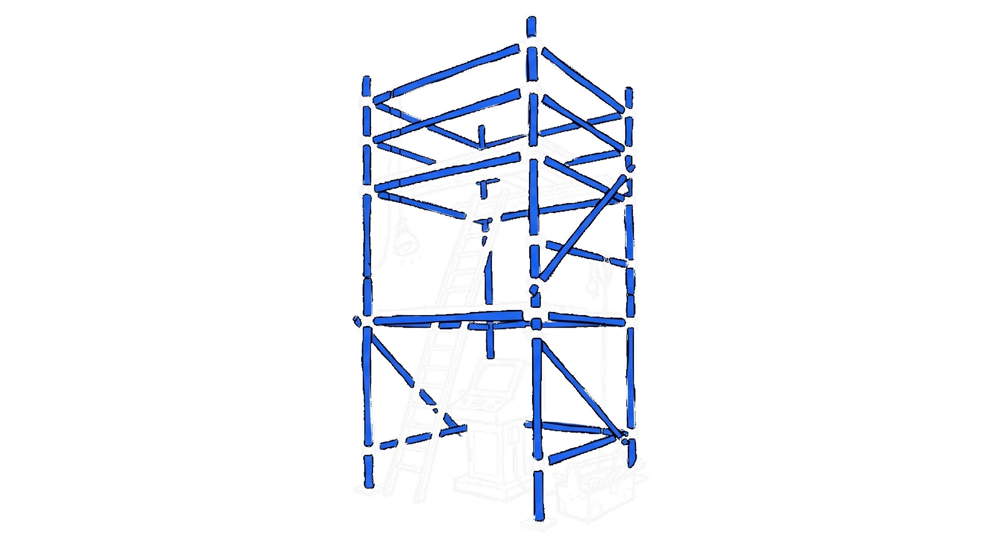 Illustration eines Baugerüsts, das eine kleine Maschine umschliesst, kinewsletter.ch Stil