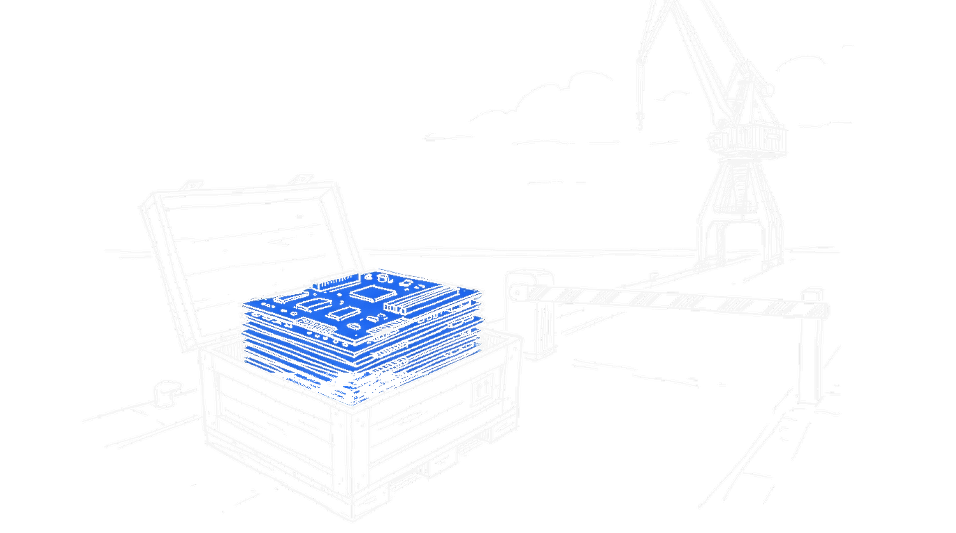 Illustration einer offenen Transportkiste mit Platinen am Hafenkai neben einer geschlossenen Zollschranke, kinewsletter.ch Stil