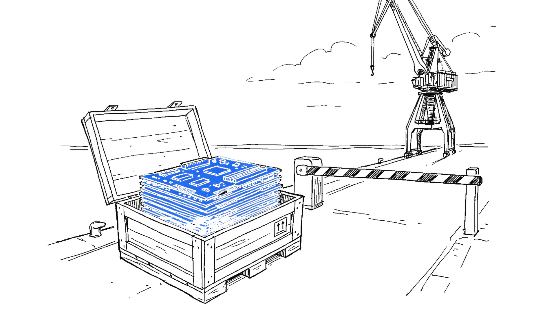 Illustration einer offenen Transportkiste mit Platinen am Hafenkai neben einer geschlossenen Zollschranke, kinewsletter.ch Stil