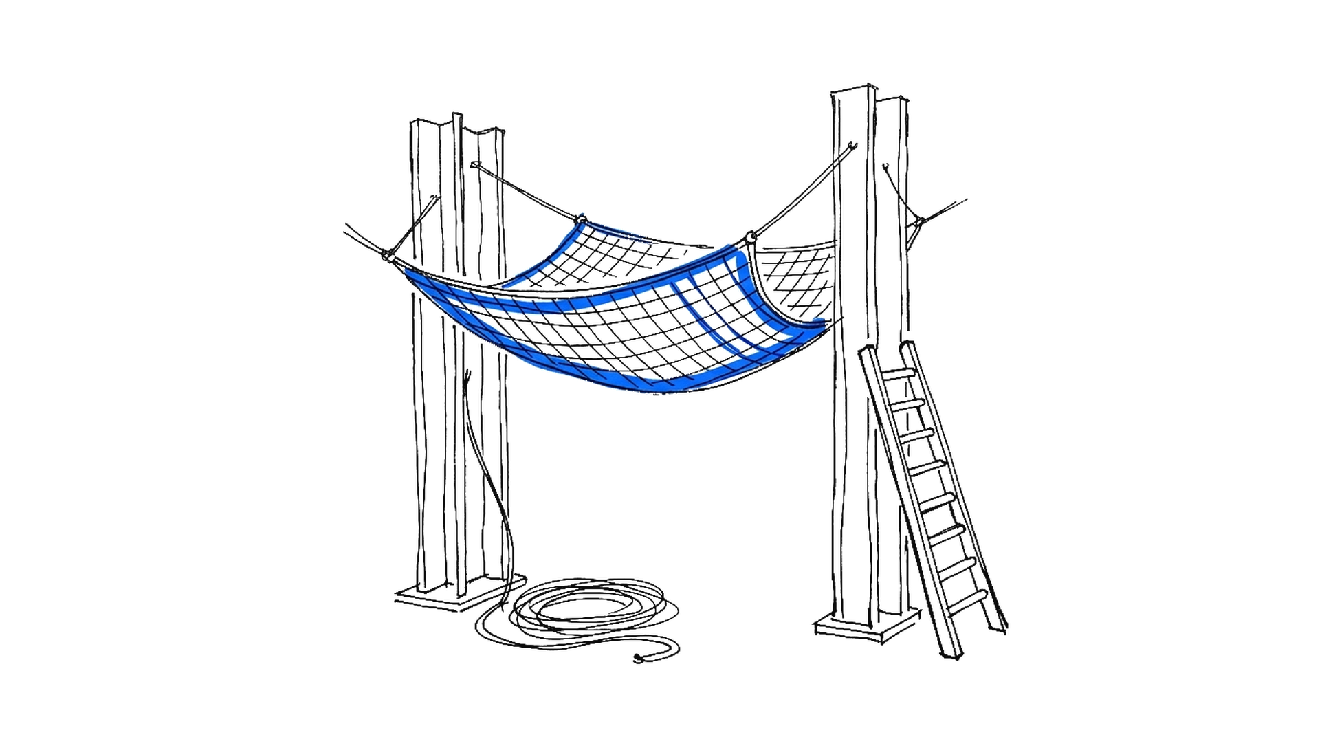 Illustration eines Auffangnetzes zwischen zwei Stahlpfosten, kinewsletter.ch Stil