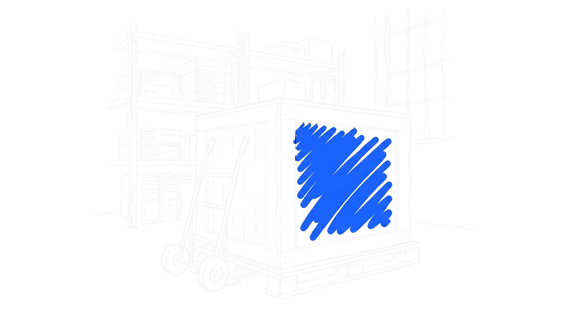 Illustration einer verpackten Transportkiste auf einer Palette vor Serverregalen in einer Lagerhalle, kinewsletter.ch Stil