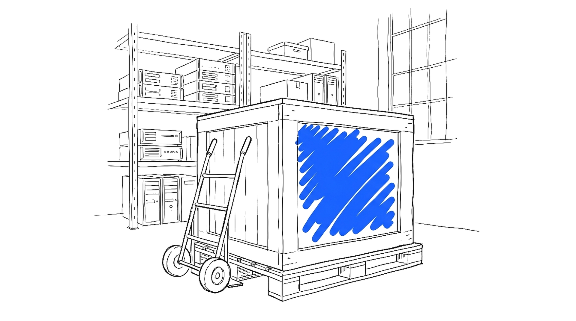 Illustration einer verpackten Transportkiste auf einer Palette vor Serverregalen in einer Lagerhalle, kinewsletter.ch Stil