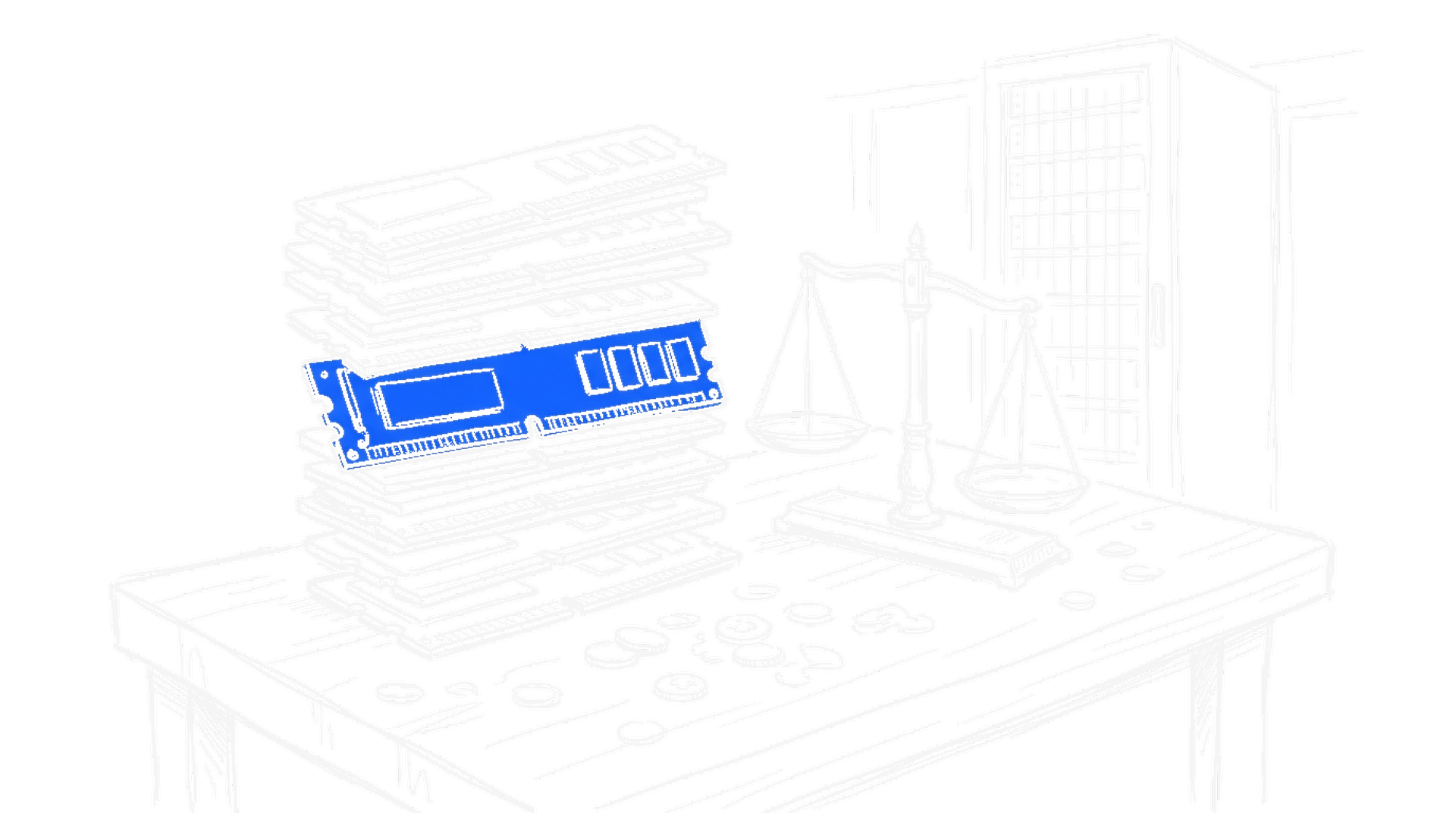 Illustration einer Werkbank mit gestapelten Speichermodulen und einer Balkenwaage, kinewsletter.ch Stil