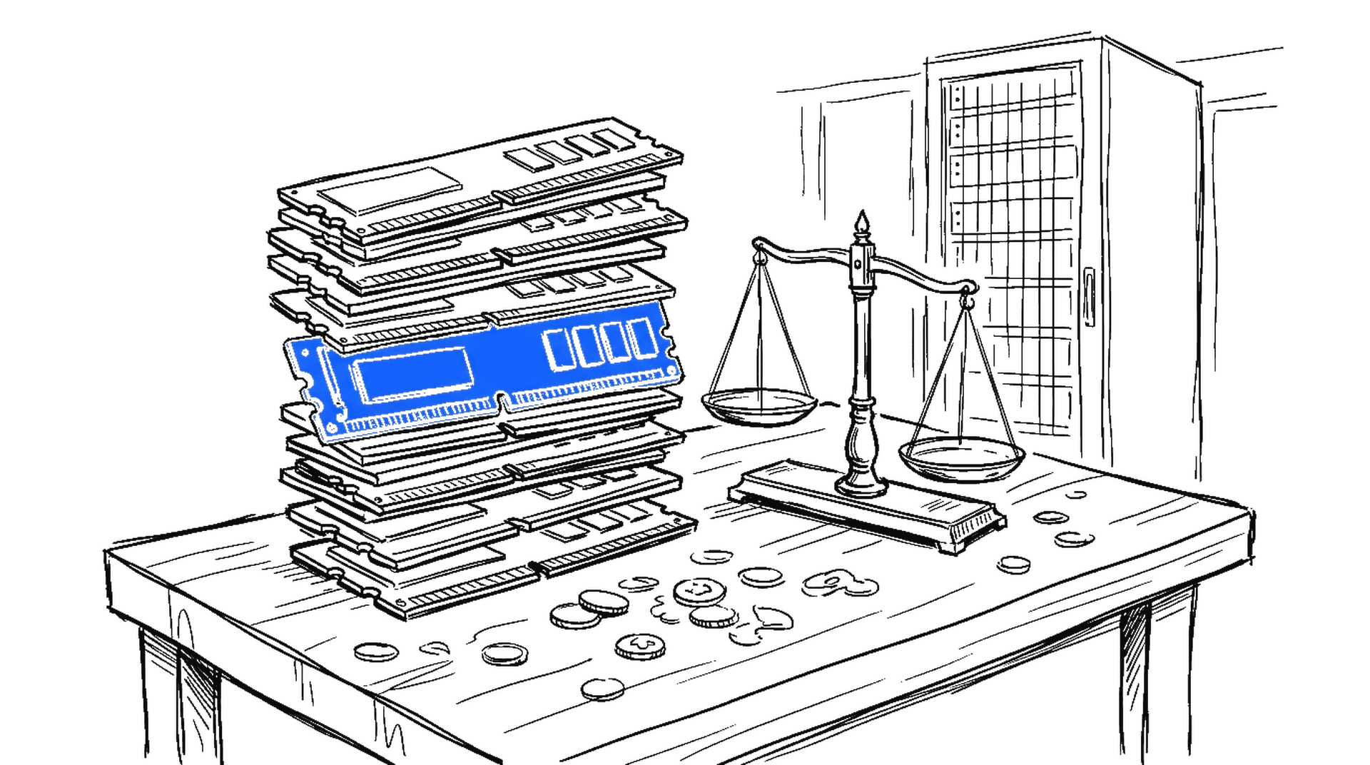 Illustration einer Werkbank mit gestapelten Speichermodulen und einer Balkenwaage, kinewsletter.ch Stil
