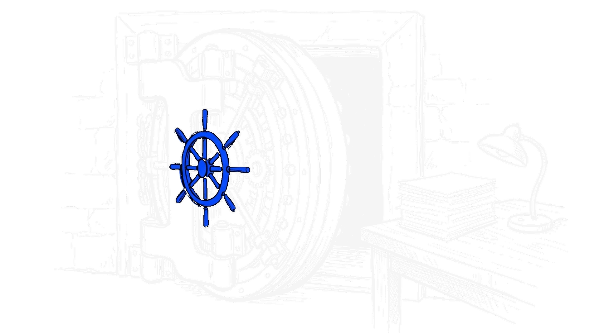 Illustration von Tresortür mit blauem Handrad, Aktenstapel und Schreibtischlampe, kinewsletter.ch Stil