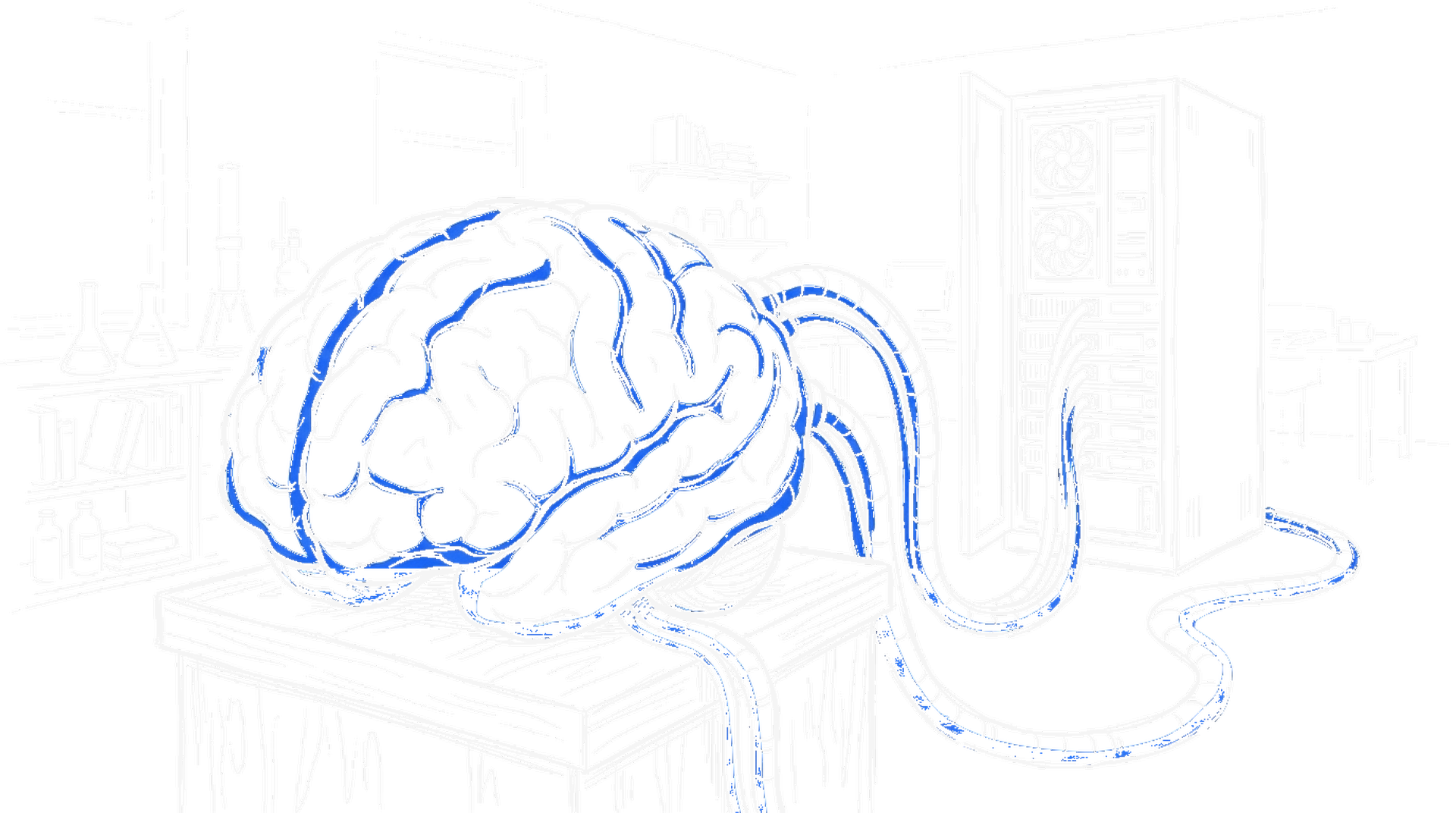 Illustration eines blauen Hirnmodells, per Kabel mit einem Serverschrank verbunden, kinewsletter.ch Stil