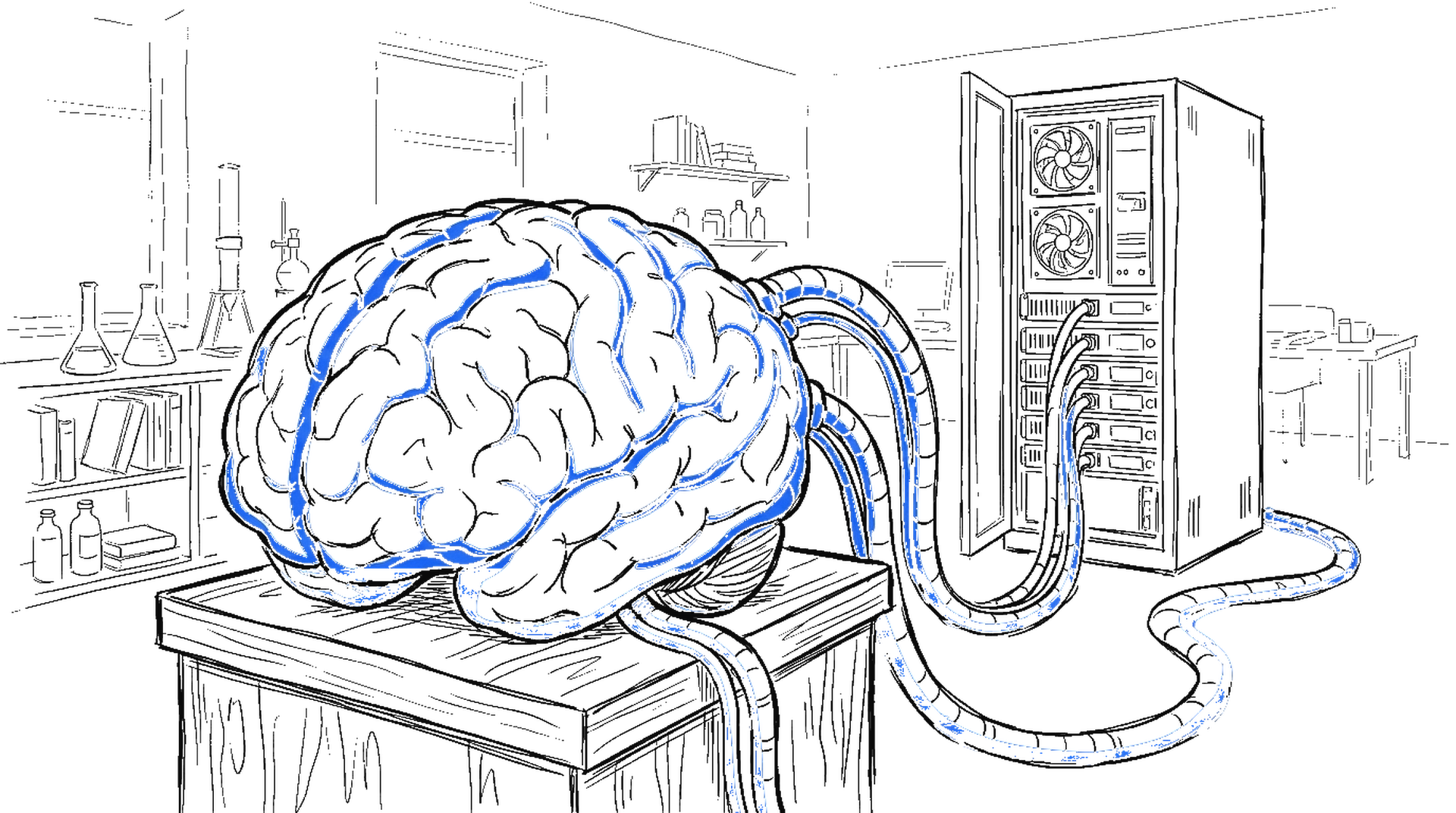 Illustration eines blauen Hirnmodells, per Kabel mit einem Serverschrank verbunden, kinewsletter.ch Stil