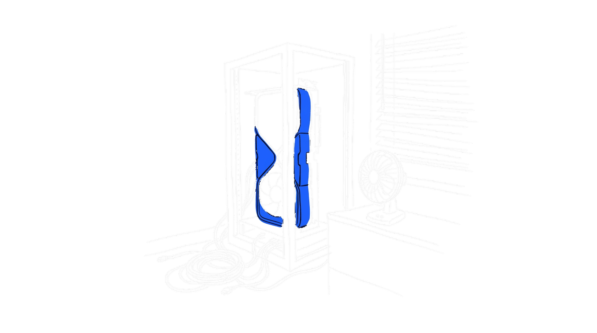 Handgezeichnete Illustration: eine einzelne Grafikkarte auf einem Schreibtisch, aus der ein Blitz und schnelle Linien schiessen – kinewsletter.ch Stil
