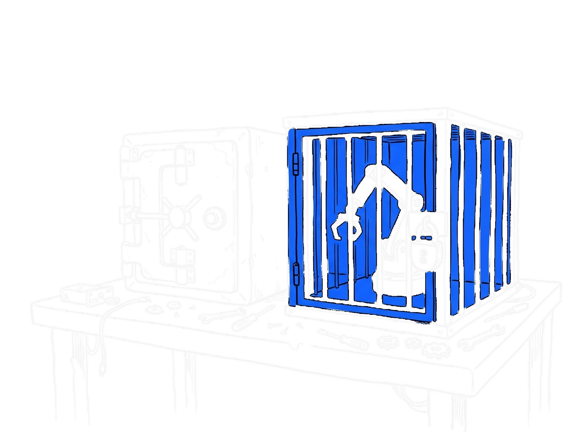 Tuschskizze eines Tresors und eines verschlossenen Gitterkäfigs mit Roboterarm auf einer Werkbank, der Käfig in Elektroblau