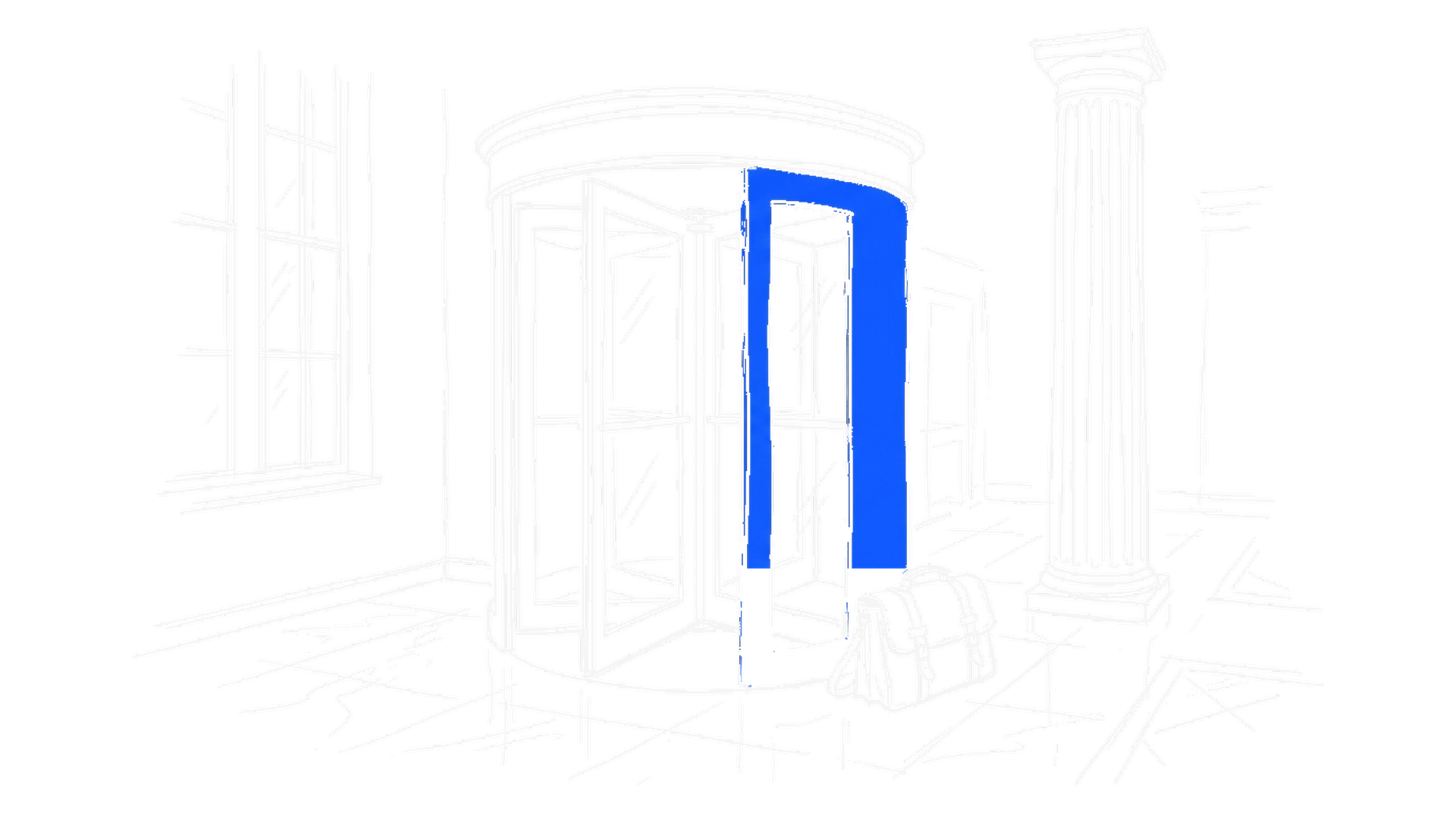 Illustration einer Drehtür in einer Marmorlobby mit Aktenkoffer und Säule, kinewsletter.ch Stil