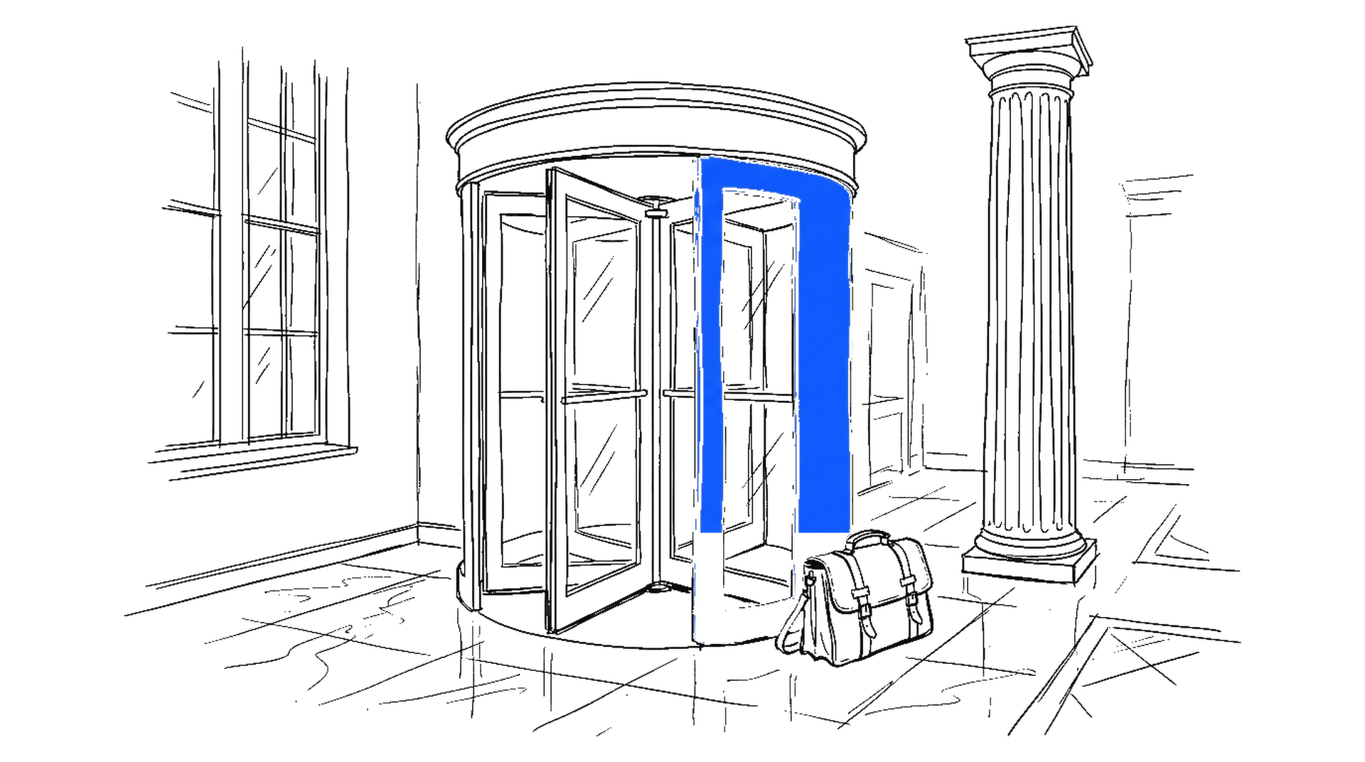 Illustration einer Drehtür in einer Marmorlobby mit Aktenkoffer und Säule, kinewsletter.ch Stil