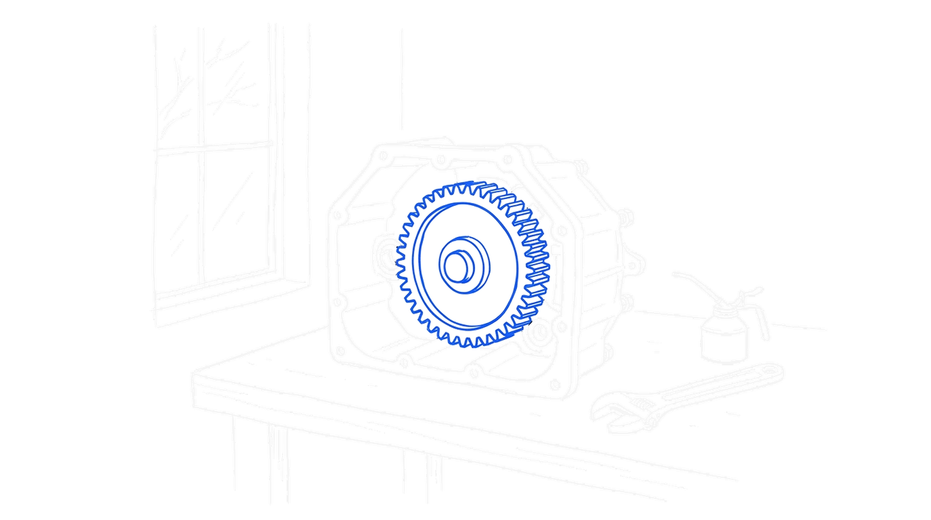 Illustration eines geöffneten Getriebegehäuses auf einer Werkbank mit einem elektroblau hervorgehobenen Zahnrad, Schraubenschlüssel und Ölkännchen, kinewsletter.ch Stil