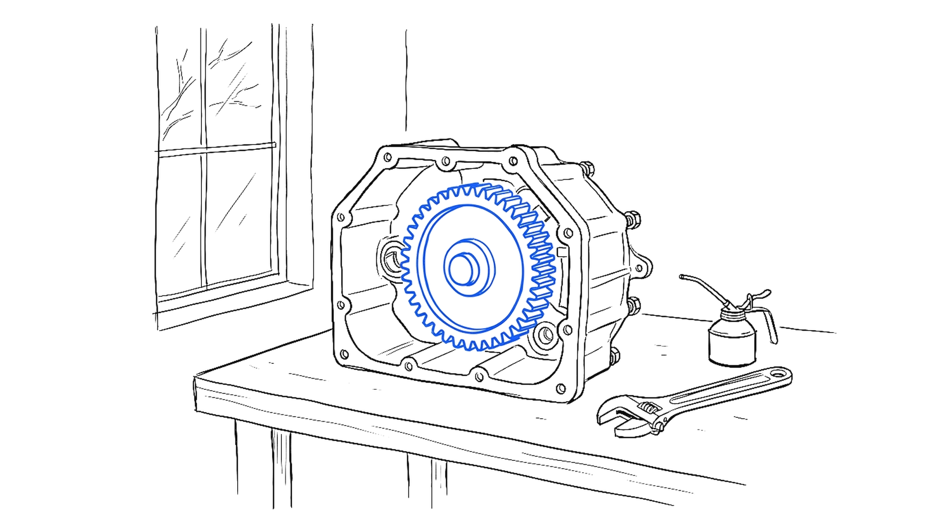 Illustration eines geöffneten Getriebegehäuses auf einer Werkbank mit einem elektroblau hervorgehobenen Zahnrad, Schraubenschlüssel und Ölkännchen, kinewsletter.ch Stil