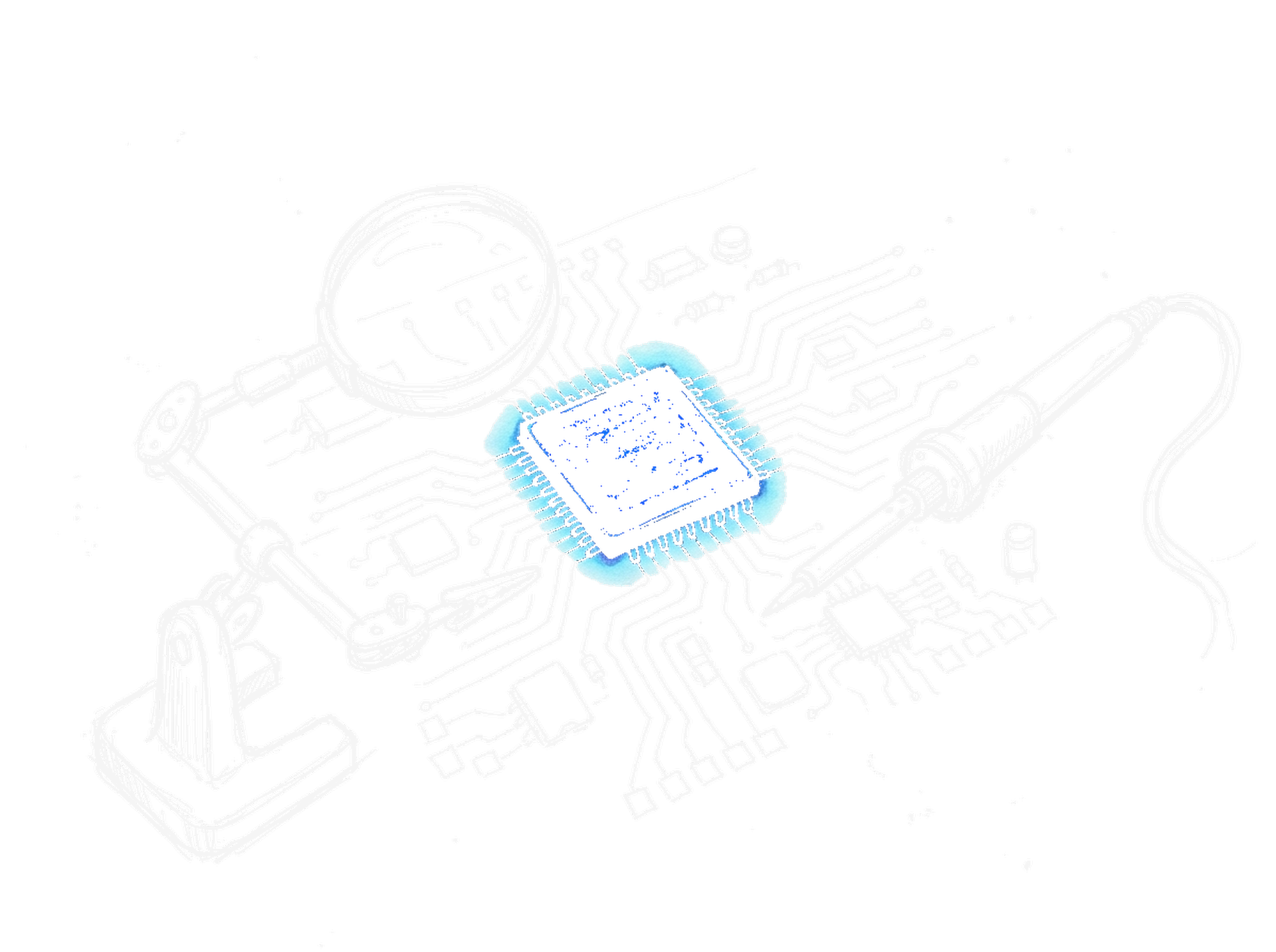 Handgezeichnete Skizze einer Platine mit einem elektroblau leuchtenden Mikrochip in der Mitte, einer Lupe auf einem Staender und einem Loetkolben (Dark Mode)