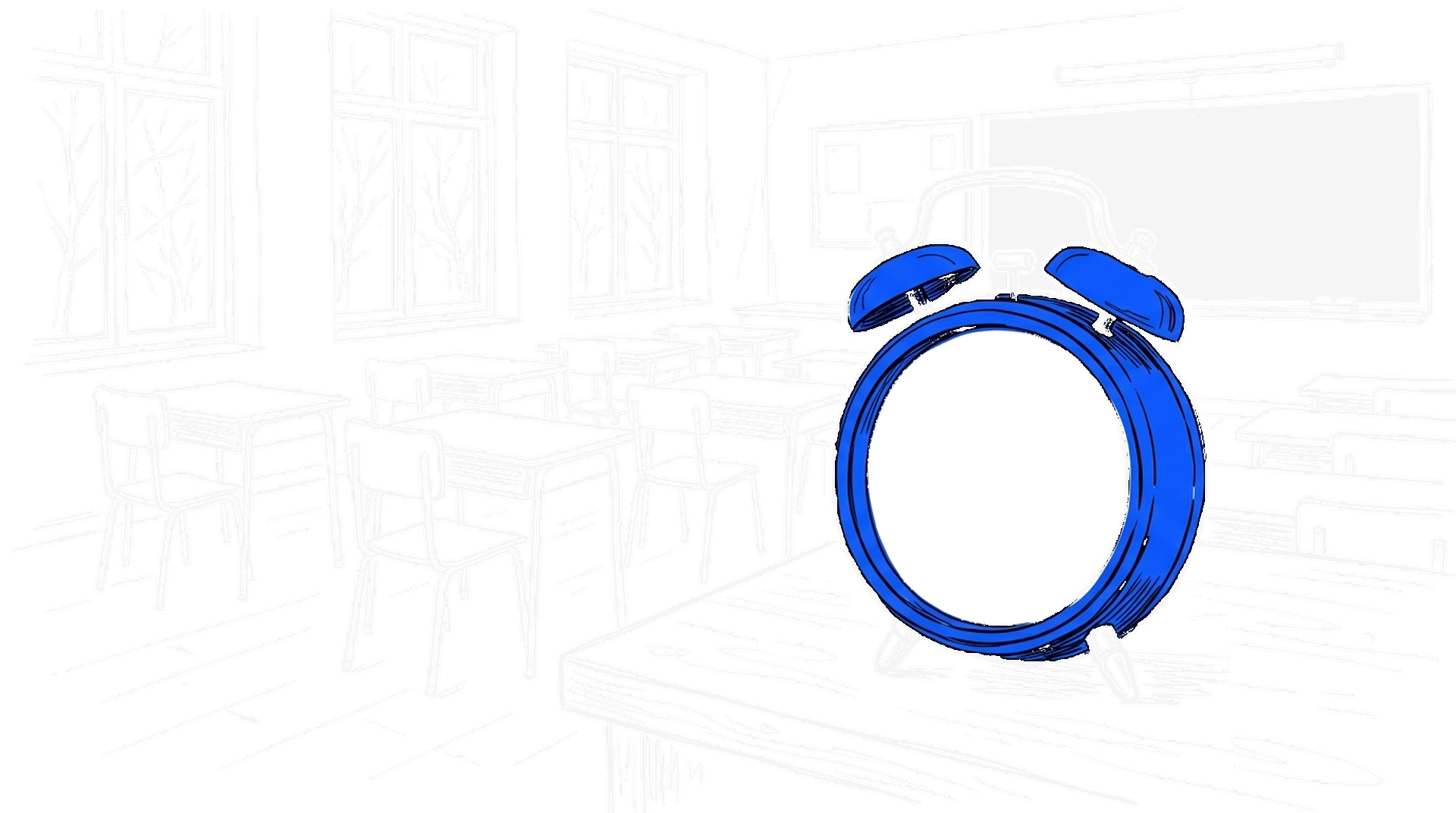 Illustration eines leeren Klassenzimmers mit Schulbänken und einem grossen blauen Wecker mit leerem Zifferblatt auf dem Lehrerpult, kinewsletter.ch Stil