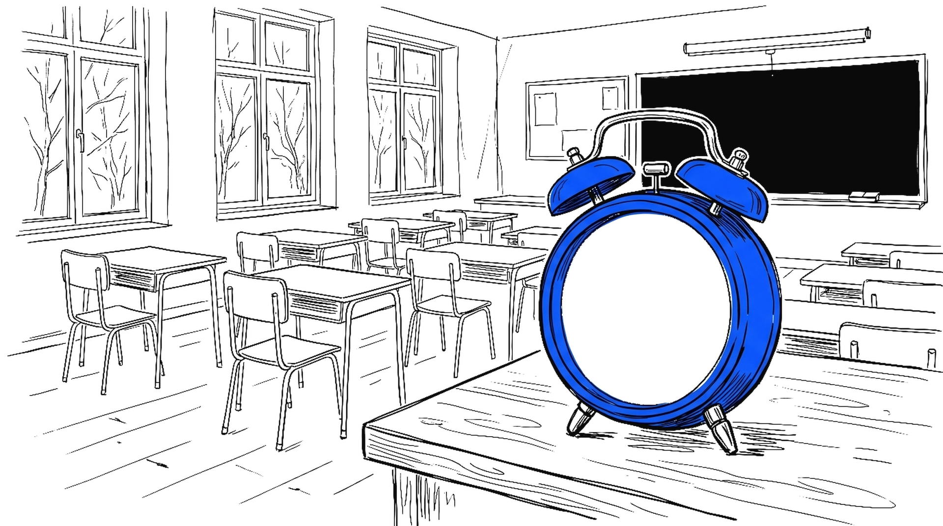 Illustration eines leeren Klassenzimmers mit Schulbänken und einem grossen blauen Wecker mit leerem Zifferblatt auf dem Lehrerpult, kinewsletter.ch Stil