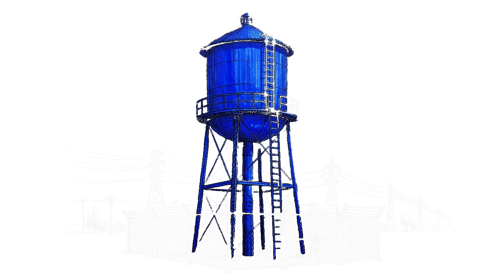 Illustration eines Wasserturms hinter einem Maschendrahtzaun mit Vorhängeschloss und Strommasten, kinewsletter.ch Stil