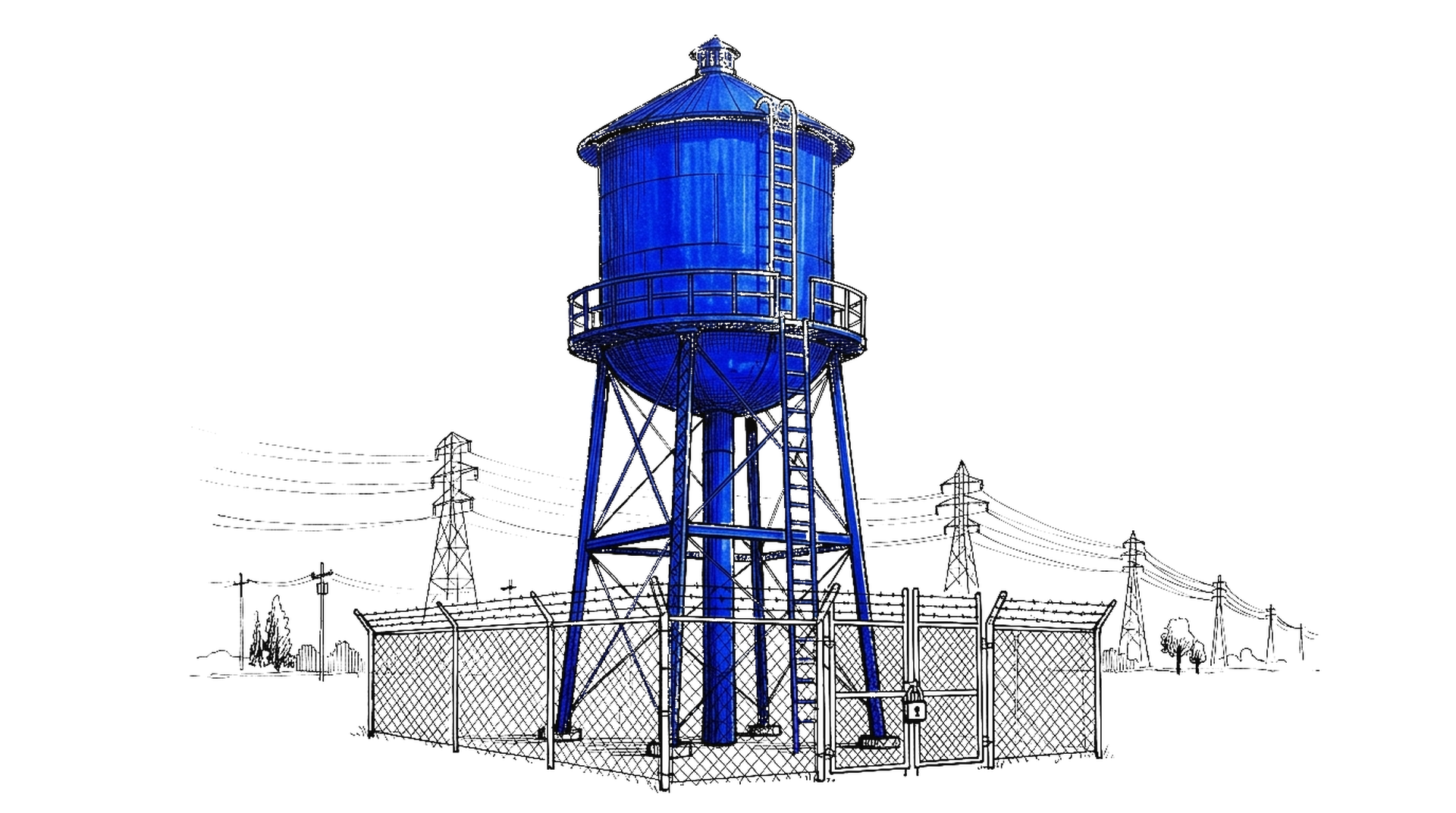 Illustration eines Wasserturms hinter einem Maschendrahtzaun mit Vorhängeschloss und Strommasten, kinewsletter.ch Stil