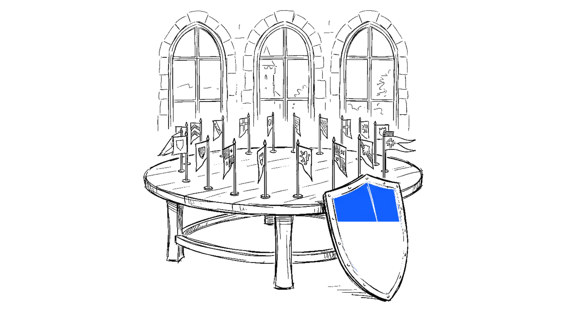 Illustration eines runden Tischs mit Fahnen und blauem Schild, kinewsletter.ch Stil