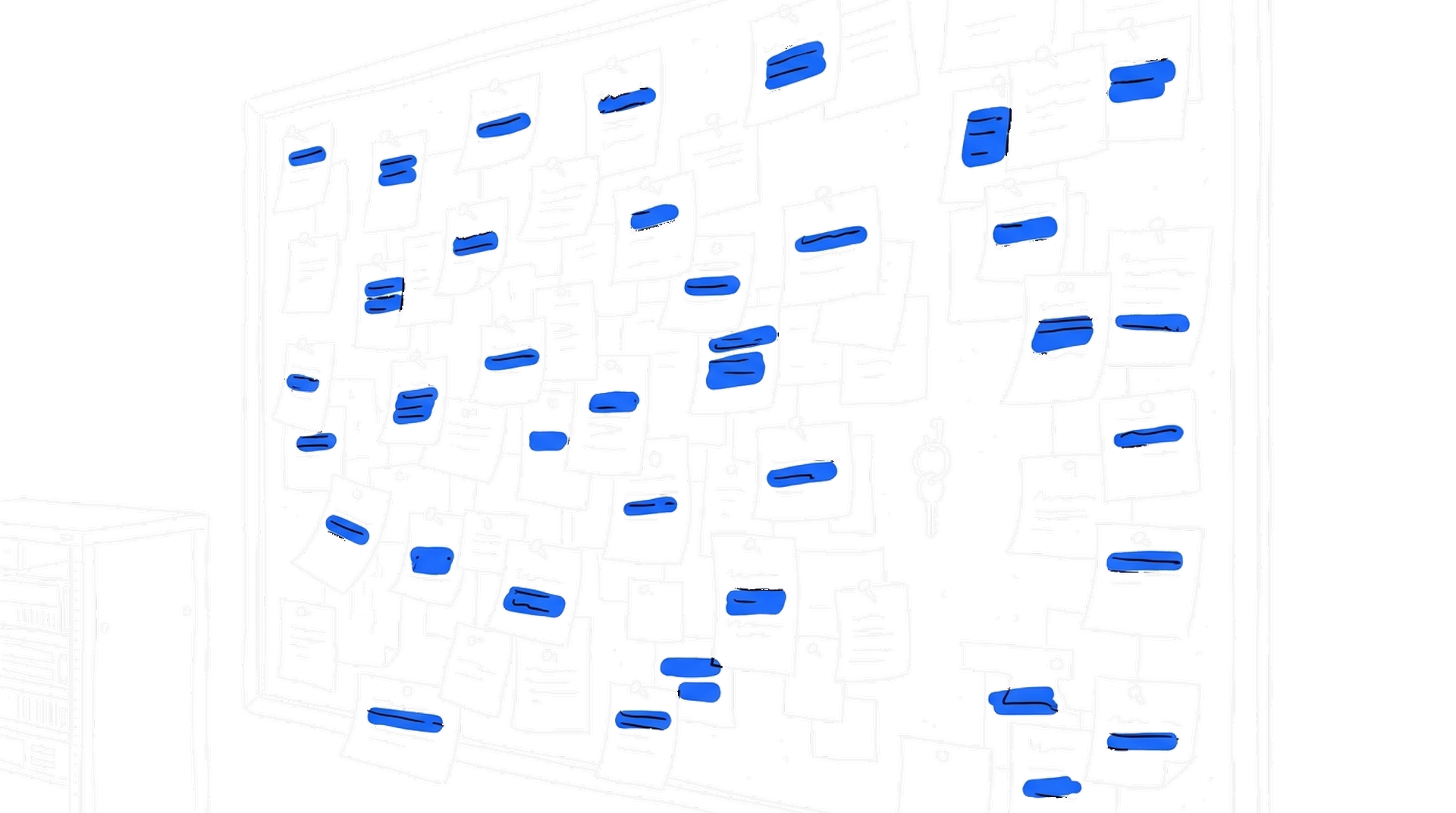 Illustration einer Korkwand voller angehefteter Notizzettel neben einem Server-Rack und einem Schlüsselbund, kinewsletter.ch Stil
