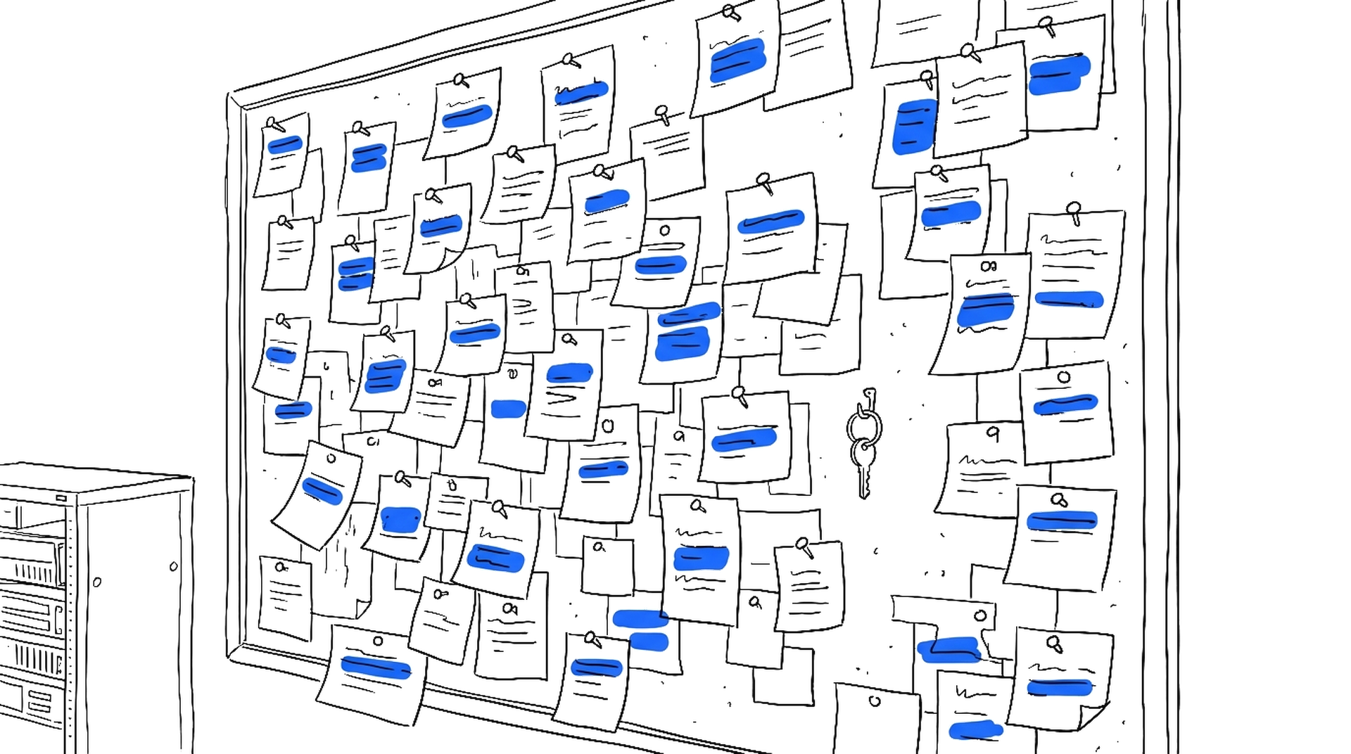 Illustration einer Korkwand voller angehefteter Notizzettel neben einem Server-Rack und einem Schlüsselbund, kinewsletter.ch Stil