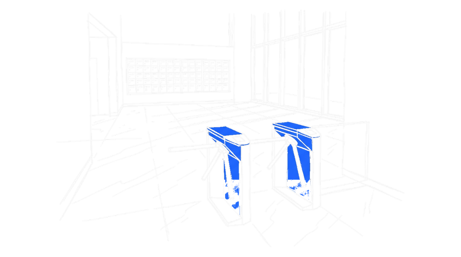 Tusche-Skizze einer leeren Marmor-Lobby: zwei elektrisch blaue Drehkreuz-Schranken im Vordergrund, dahinter eine Wand mit abgeschlossenen Briefkastenfächern und hohe Fenster. (Dark Mode)