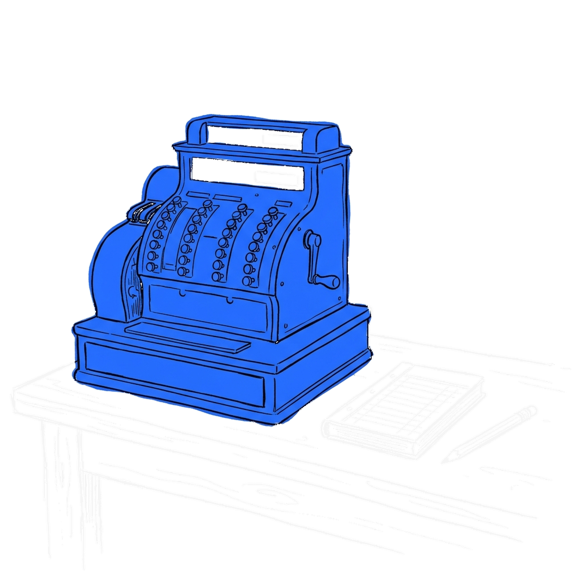 Handgezeichnete Skizze einer altmodischen Registrierkasse mit blauem Gehäuse auf einem Tisch, daneben Notizblock mit Tabelle und Bleistift