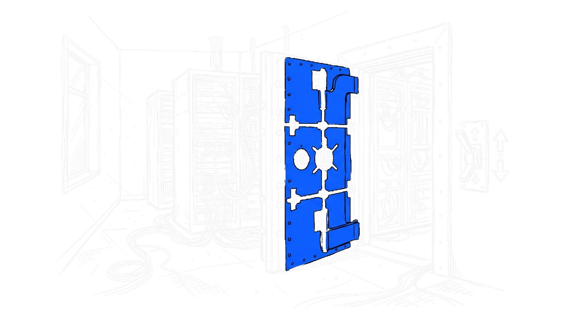 Illustration einer offenen Tresortür in einem Serverraum, kinewsletter.ch Stil