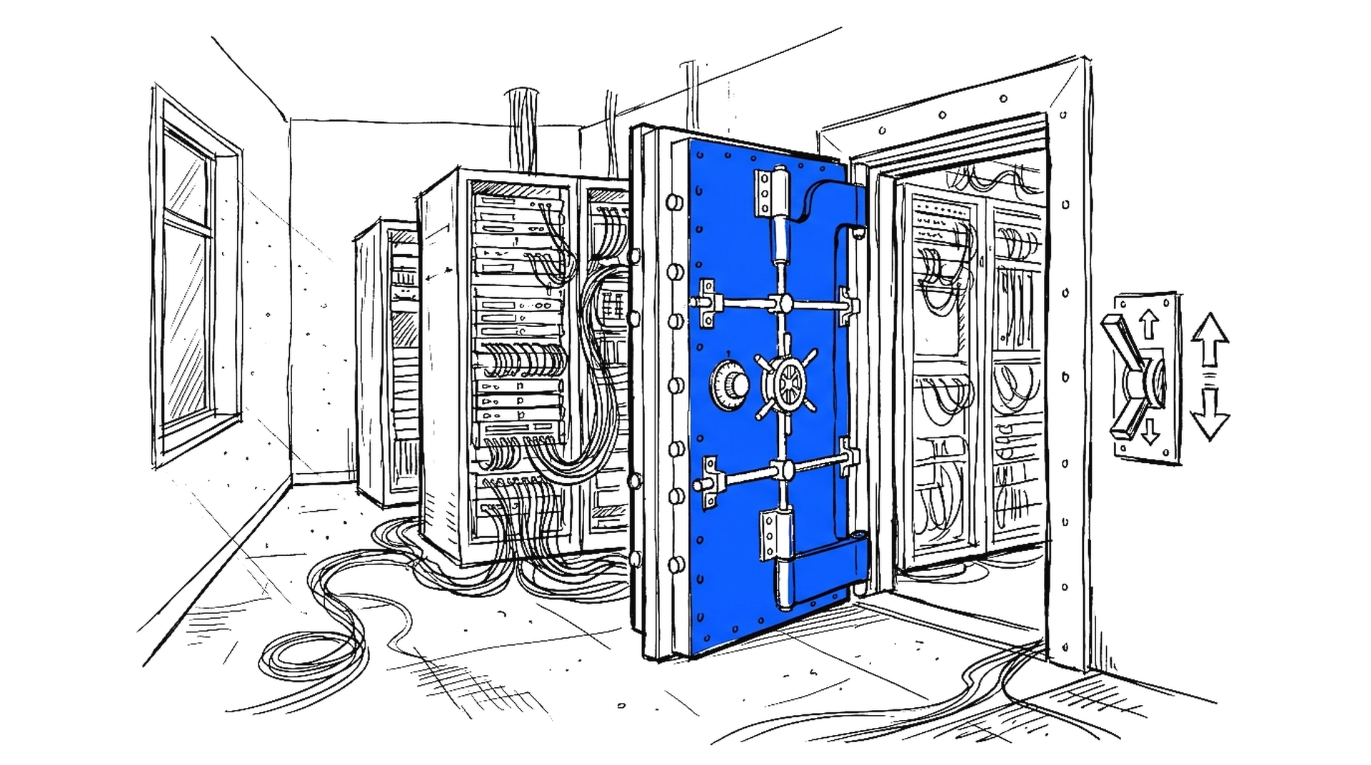 Illustration einer offenen Tresortür in einem Serverraum, kinewsletter.ch Stil